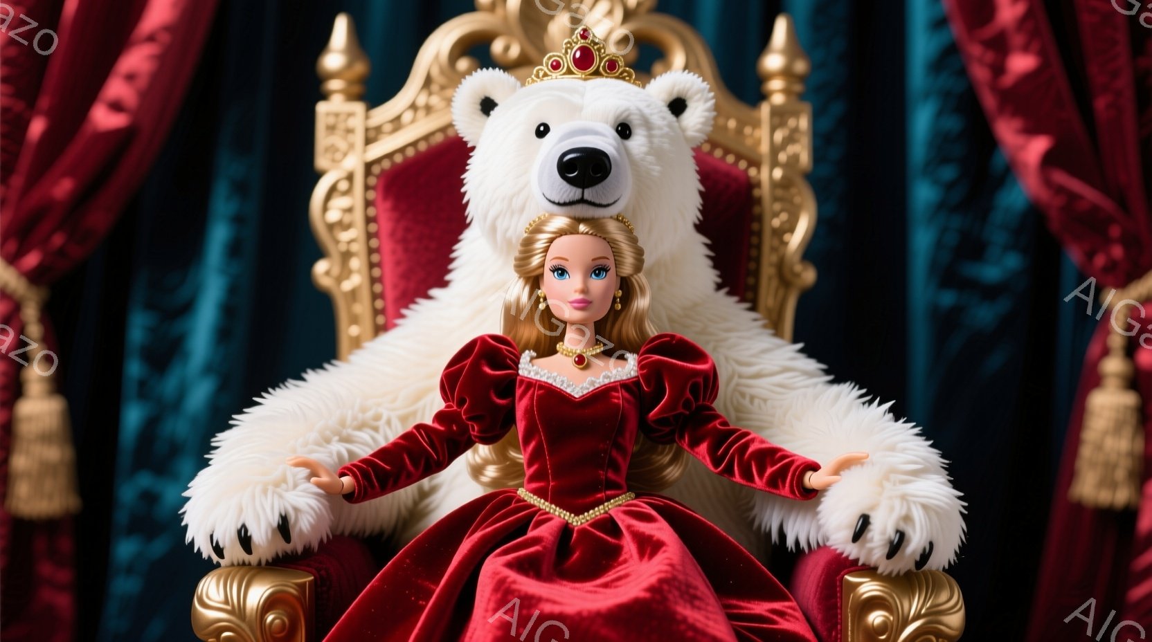 金色の玉座に座る女性は、深紅色のベルベットのドレスを身につけ、金色の装飾が施されたコルセットが目を引きます。彼女は金髪の巻き毛で、微笑みを浮かべ、自信に満ちた表情をしています。背景は濃い赤色のドレープで、玉座の後ろには白くふわふわのクマが寄り添い、豪華で少し風変わりな雰囲気を醸し出しています。