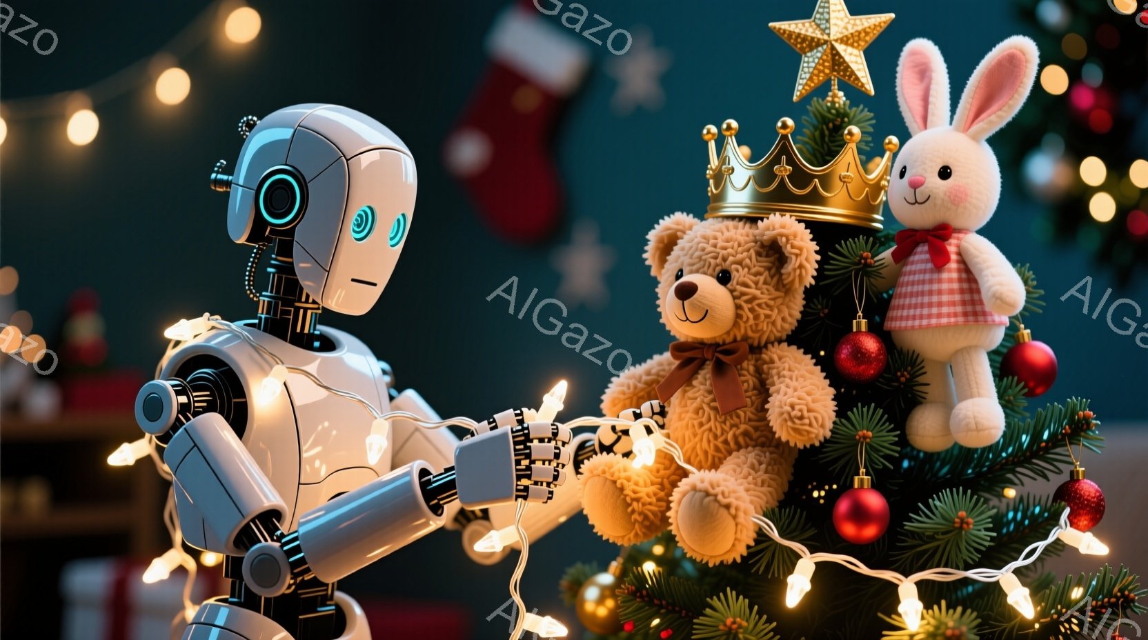 白いロボットがクリスマスツリーの周りに電飾を巻き付けている様子が描かれています。ツリーの上には、王冠を被ったテディベアと赤いチェック柄の服を着たウサギの人形が飾られています。背景にはプレゼントボックスやクリスマスソックスが見え、暖かくお祝いムードに満ちた空間です。