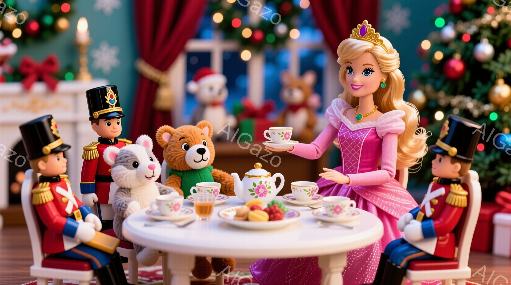 ピンク色のドレスと金色のティアラをつけた女性が、ティーカップを手に微笑んでいます。彼女の周りには、赤い制服を着た兵隊人形と、かわいらしい灰色の猫と茶色のテディベアが円卓を囲んで座っており、ティータイムを楽しんでいるようです。背景にはクリスマスツリーが飾られ、暖かくお祝いムードにあふれた室内が広がっています。
