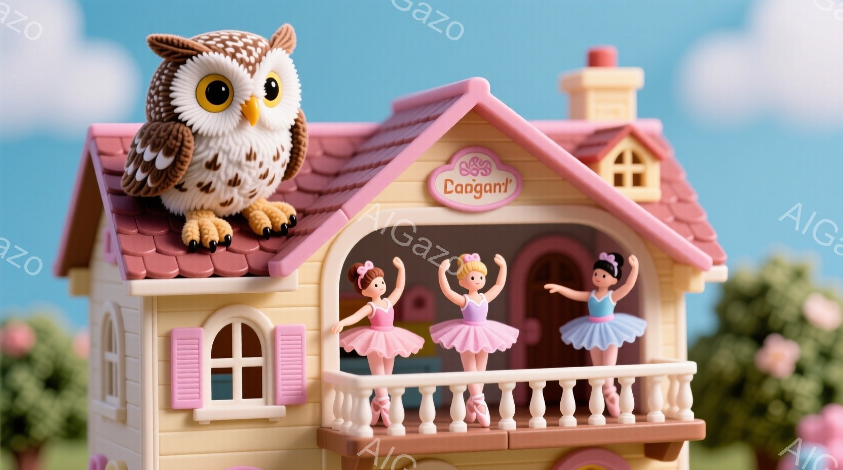 ピンク色の屋根に大きなフクロウが止まり、ベージュ色の可愛らしい家が写っています。バルコニーには、ピンクのチュールスカートとリボンを付けた、髪を三つ編みにした３人のバレリーナの人形が優雅なポーズをとって - AI生成フリー素材
