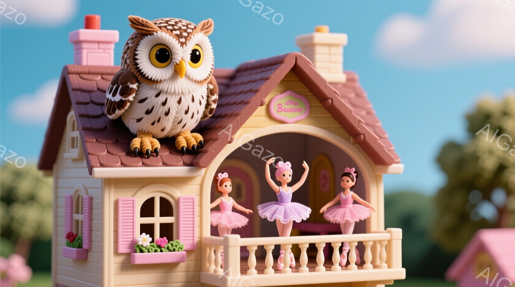 明るいピンク色の屋根とクリーム色の外観を持つおもちゃの家があり、屋根の上には大きなフクロウの人形が座っています。バルコニーには、ピンクのチュールスカートとリボンで髪を結ったバレリーナの人形が二人、優雅なポーズで立っています。背景には、ぼやけた緑色の木々があり、晴れた日の遊園地のような、夢のような雰囲気が漂っています。