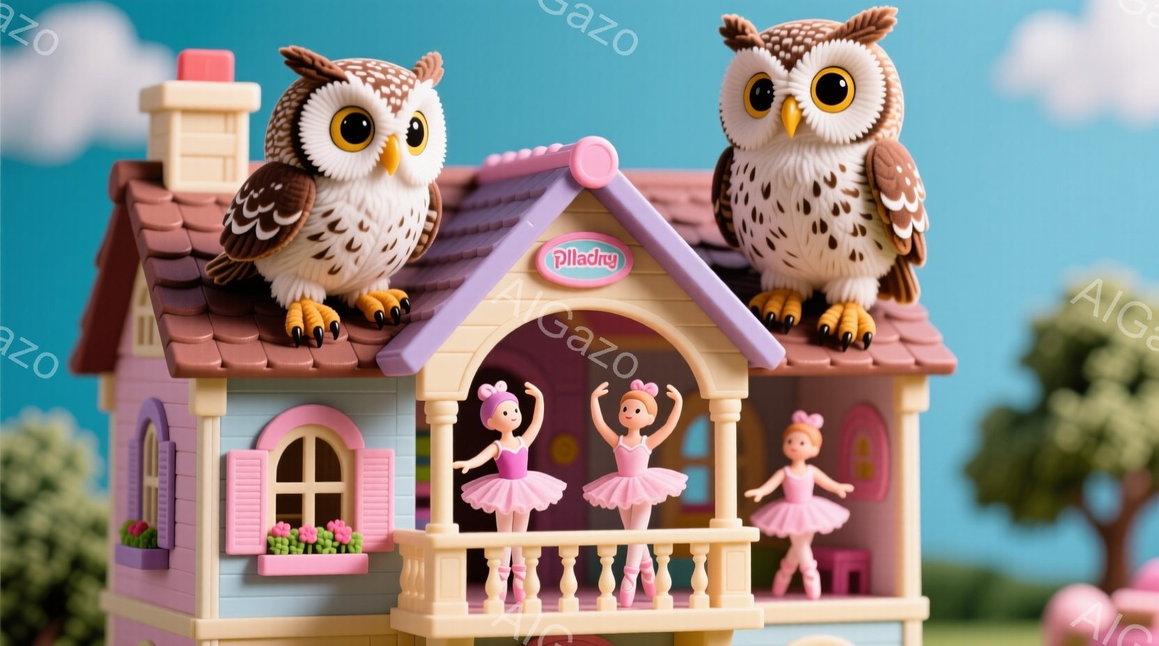 ピンクと水色の可愛らしいお屋根つきの家の上に、2羽のフクロウが座っています。3人のバレリーナの人形がバルコニーで優雅にポーズをとっており、ピンクのチュールスカートと髪飾りをつけています。背景には緑の木々がぼやけて見え、晴れた日の穏やかで夢のような雰囲気が漂っています。