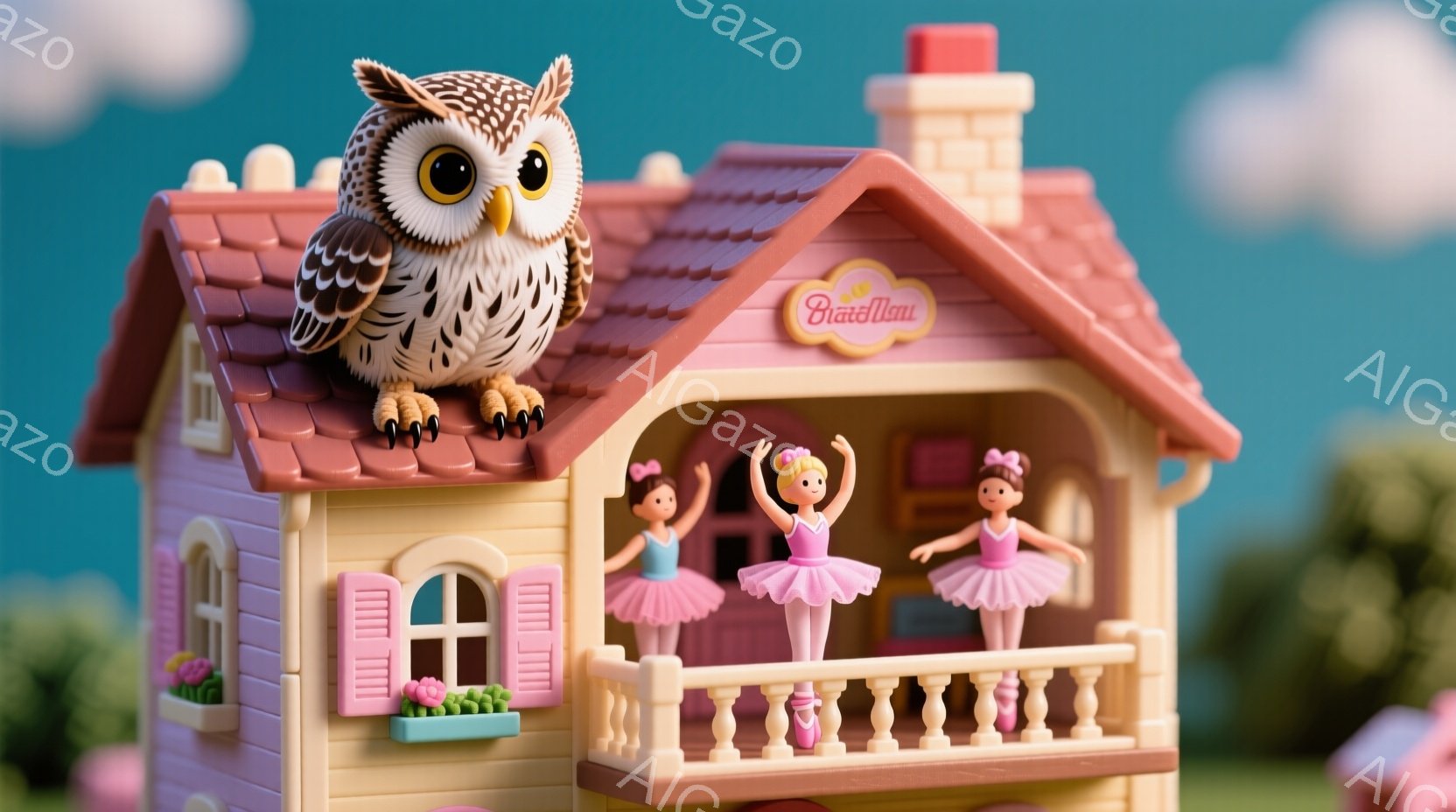 屋根にフクロウが止まり、ピンクとベージュの可愛らしいお屋敷が写っています。バルコニーにはバレリーナ人形が二人おり、チュールスカートとリボンで飾られた髪で優雅にポーズをとっています。背景には緑の木々がぼ - AI生成フリー素材