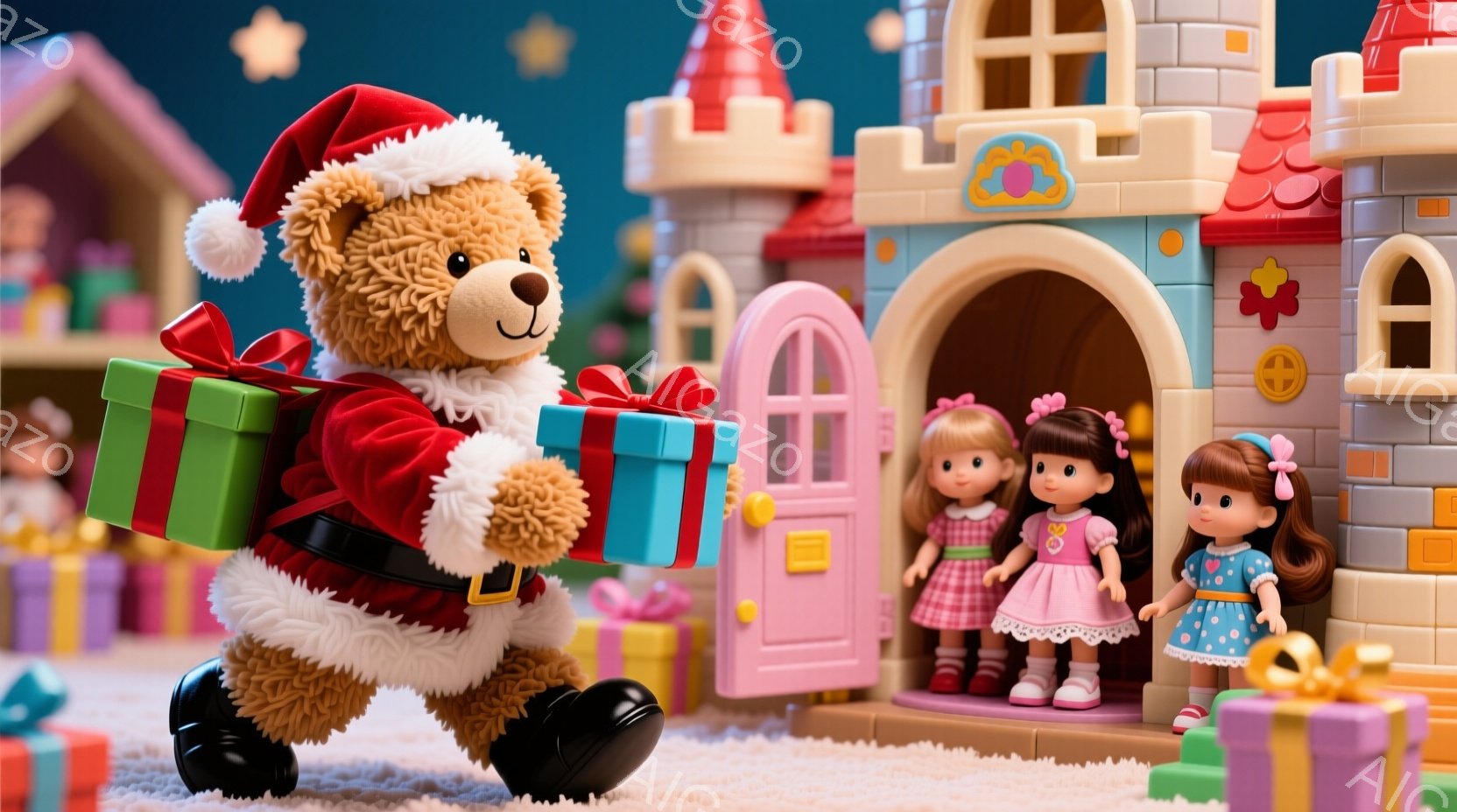 ぬいぐるみで作られたサンタクロースが、大きな緑色のプレゼントを持って正面を向いて立っています。ピンクと水色のドレスを着た2人の小さな女の子の人形が、お城のような建物の入り口に立っており、嬉しそうにサンタクロースを見つめています。背景には、カラフルなプレゼントボックスが散らばり、お城のような建物が建っており、おとぎ話のような暖かく楽しい雰囲気が漂っています。