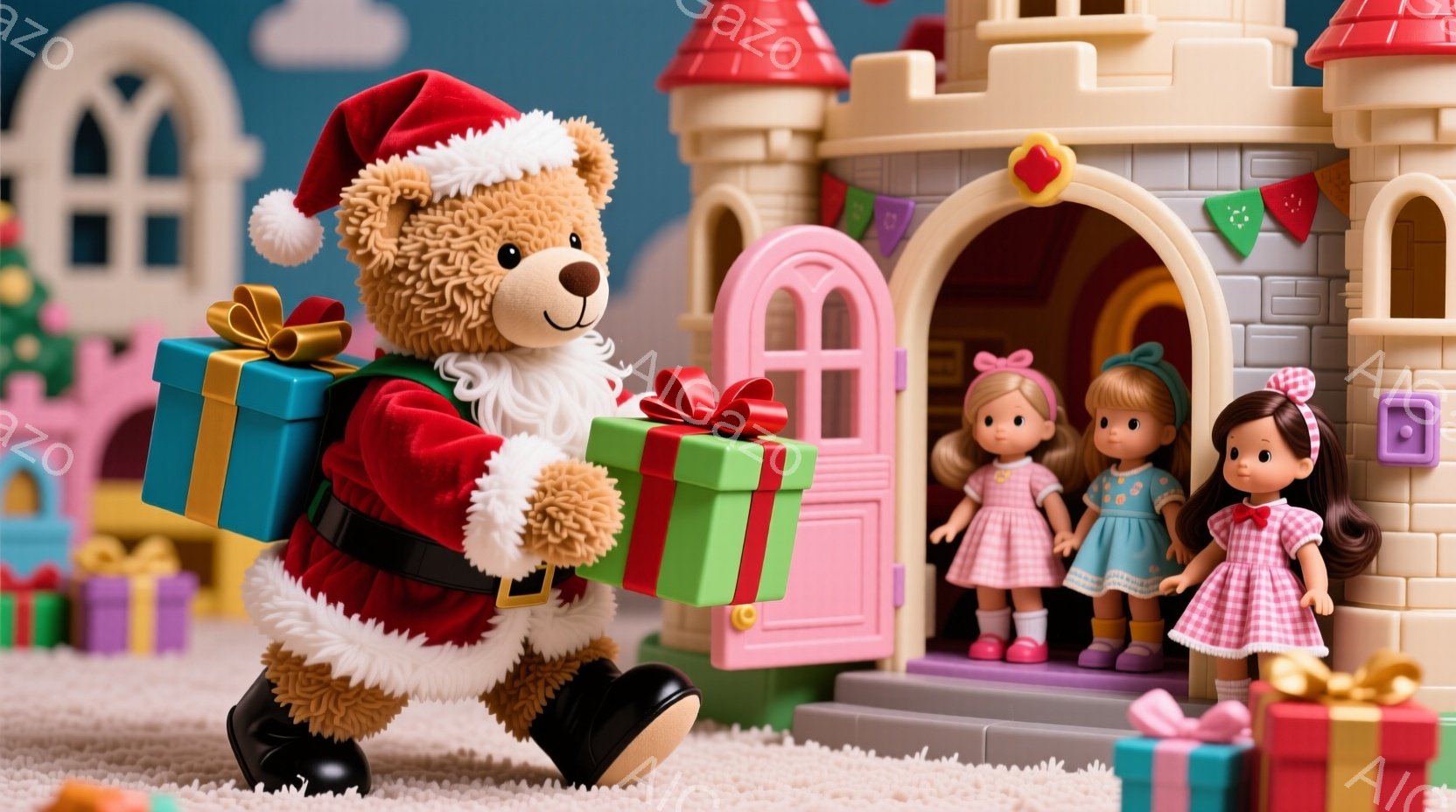 大きなテディベアがサンタクロースの衣装を着て、緑色のプレゼントを抱えて歩いています。ピンクや水色の小さな人形たちが、お城のような家からプレゼントを受け取るのを待っているようです。背景には、おもちゃの家とカーペットが敷かれた床があり、全体的に温かくお祝いムードに満ちた雰囲気です。