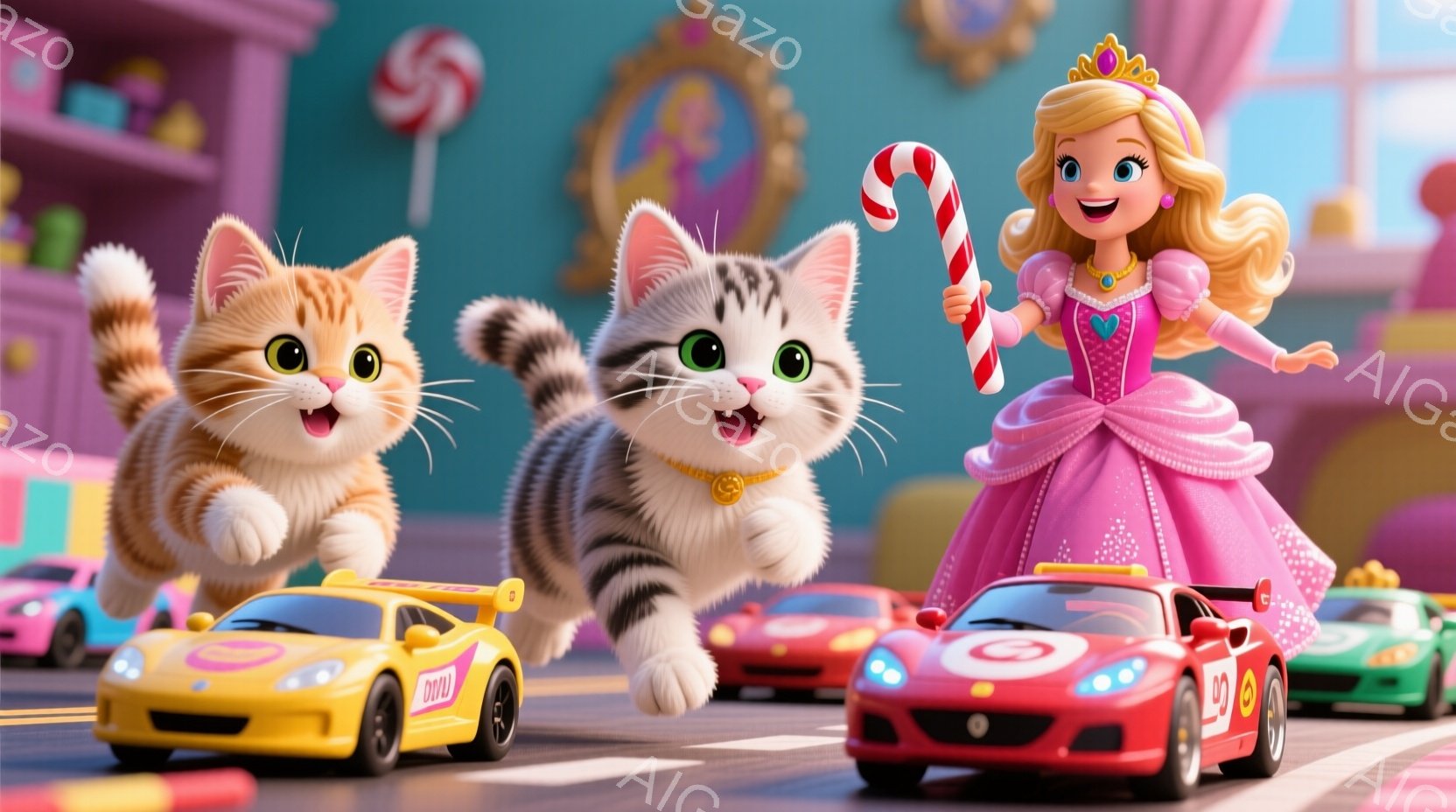 明るいピンク色のドレスを着た少女が、キャンディケーンを持ってレーストラックの上に立っています。彼女はブロンドの巻き毛で、笑顔を見せています。背景には、黄色や赤などのミニカーが走り、可愛らしい建物が並ん - AI生成フリー素材