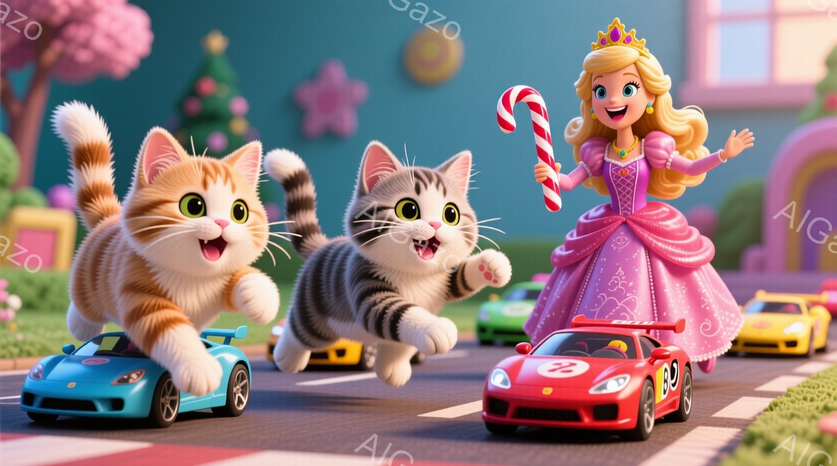 ピンク色のドレスと金色の髪、頭にはティアラをつけた少女がキャンディを持っている。二匹の猫がそれぞれ青と赤のスポーツカーの前に飛び跳ねており、表情は楽しげだ。背景には、緑の芝生、カラフルな建物、そして他 - AI生成フリー素材