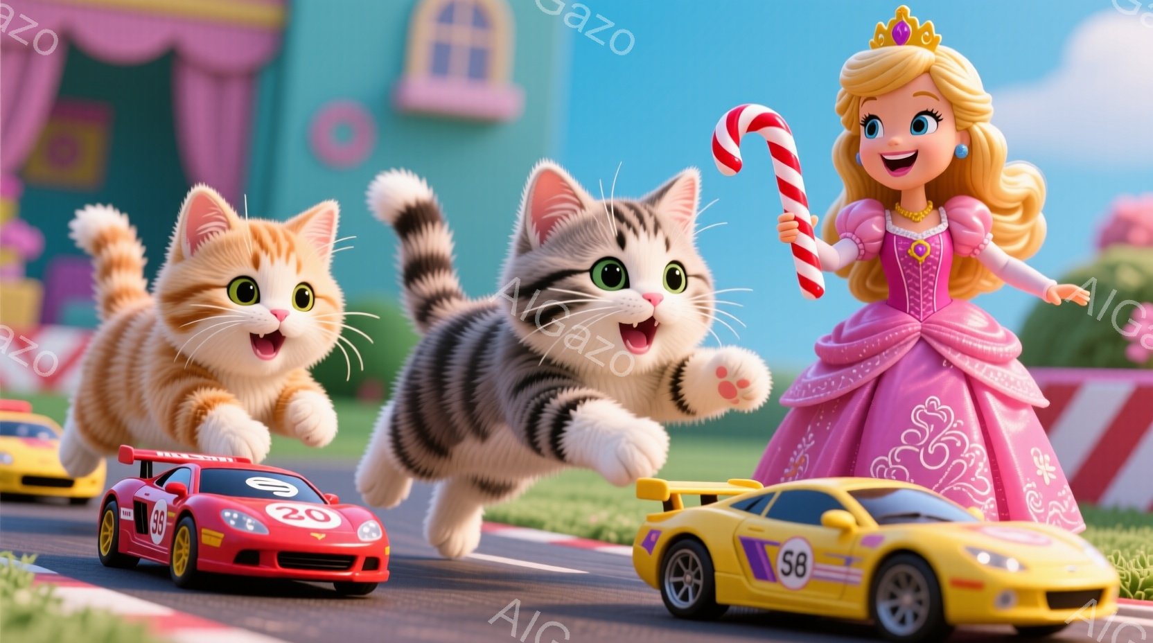 ピンク色のドレスを着た少女が、キャンディを持っている。彼女の周りには、2匹の猫が走り、黄色と赤のレーシングカーが並んでいる。背景には、カラフルな建物とレーストラックがあり、全体的に明るく陽気な雰囲気で - AI生成フリー素材