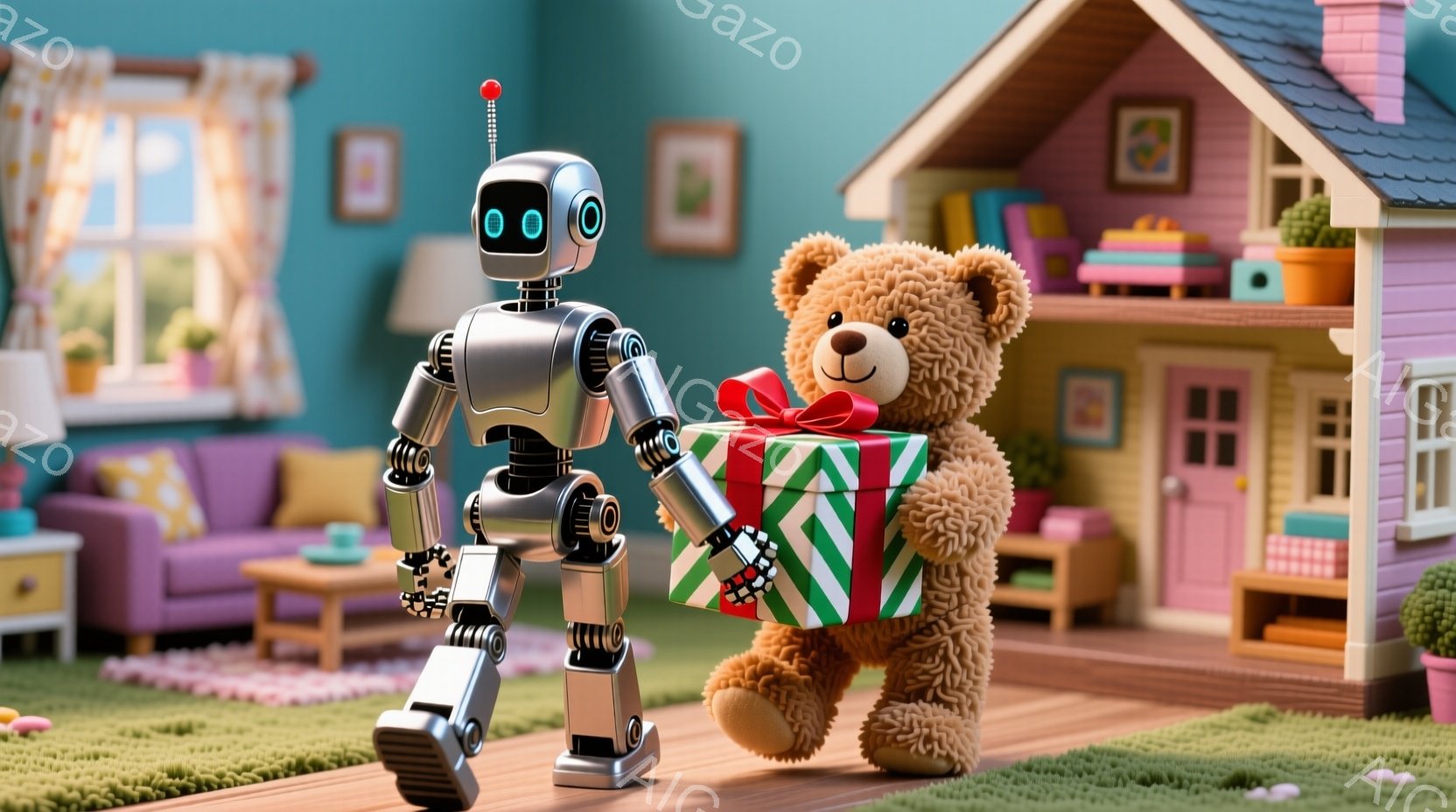 鮮やかな緑の芝生の上に、銀色のロボットが立っており、大きな茶色のテディベアに緑色のリボンで結ばれたプレゼントを渡そうとしています。背景には、ピンク色の壁と明るい緑色の屋根を持つ可愛らしい家と、内装が施されたリビングルームが見え、暖かく心地よい雰囲気です。全体的に、遊び心があり、お祝いムードを漂わせる、魅力的なイメージです。