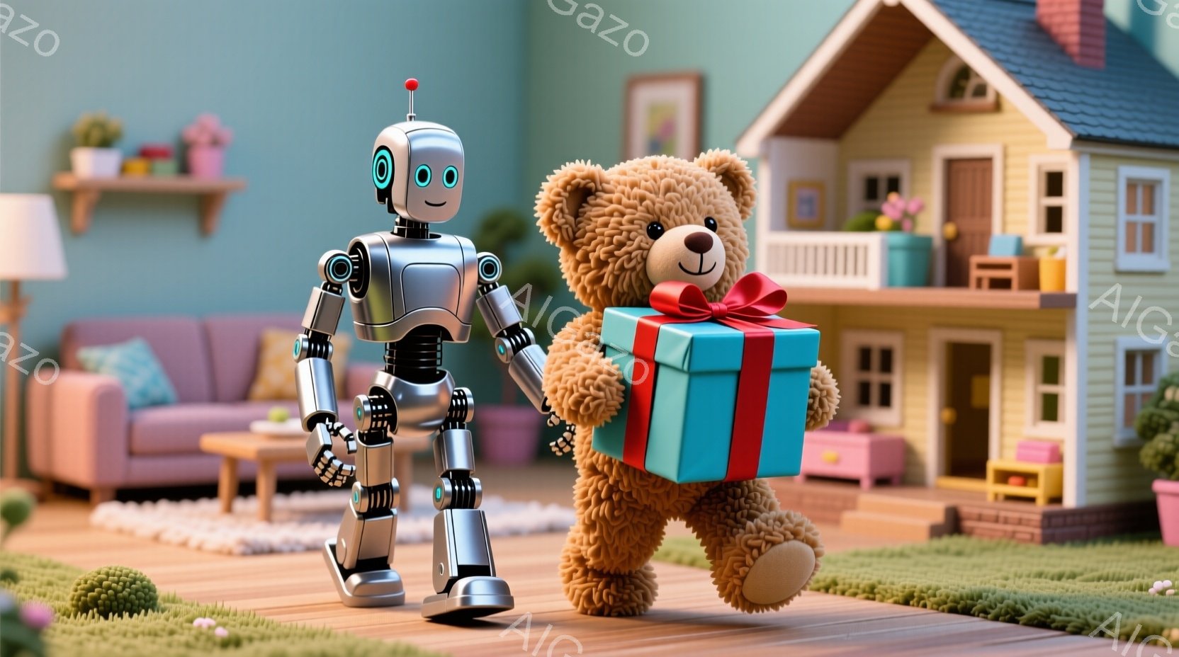 鮮やかな緑の芝生の上を、銀色のロボットと茶色のテディベアが歩いている。ロボットはプレゼントの箱を抱えたテディベアを優しく支え、背景には可愛らしいピンク色の家と青い空が広がり、温かく優しい雰囲気を醸し出 - AI生成フリー素材