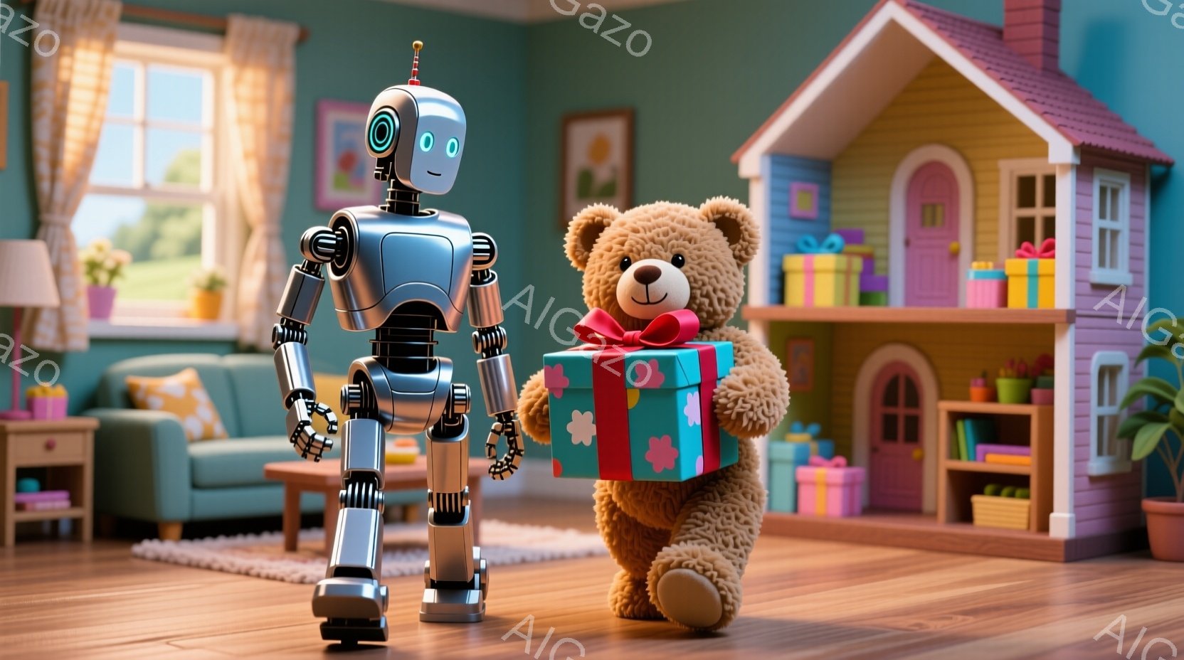 金属製のロボットが、大きなテディベアと並んで立っています。ロボットはまっすぐに立ち、テディベアはプレゼントの箱を抱えています。背景には、鮮やかな色の木製のおもちゃの家と、植物が置かれた快適なリビングルームがあり、温かく親しみやすい雰囲気を醸し出しています。