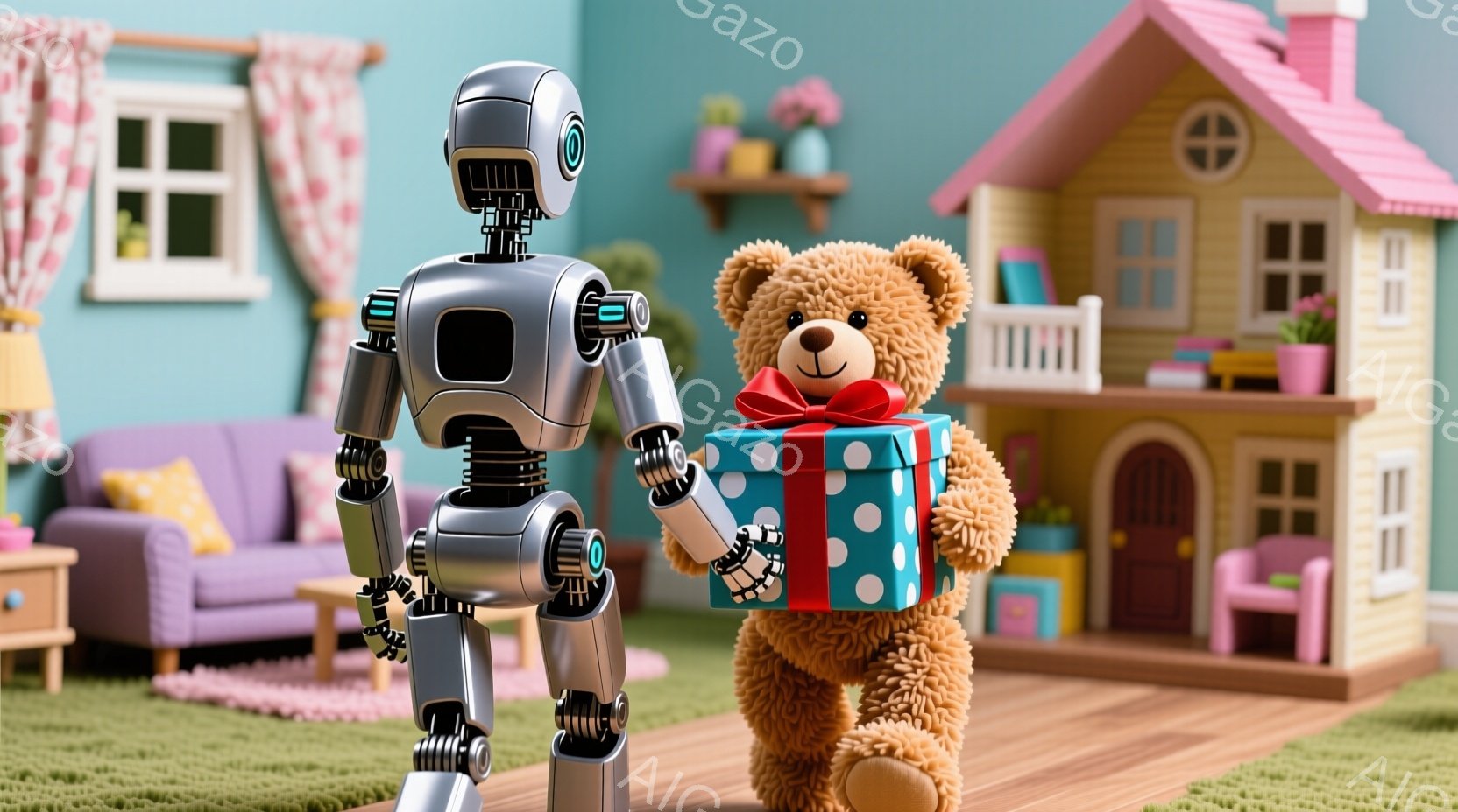 鮮やかなピンク色の背景に、銀色のロボットと茶色のテディベアが描かれています。ロボットは片手をテディベアに差し出し、テディベアは赤いリボンを付けたプレゼントを抱えています。背景には、子供用のプラスチック製の家、紫色のソファ、そして窓が見え、温かく、遊び心あふれる雰囲気を作り出しています。