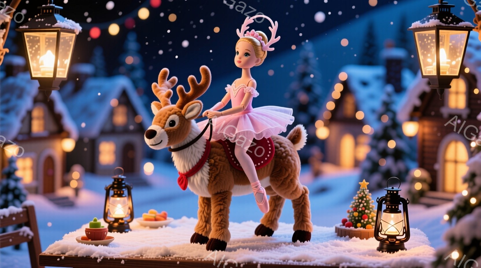 バレリーナの少女が、毛皮のようなトナカイに乗って微笑んでいます。彼女はピンクのチュチュとリボン、そして髪を高く結んだスタイルで、上品な雰囲気を醸し出しています。背景には雪に覆われた可愛らしい家々が並び、雪が舞い散る幻想的なクリスマスの夜を思わせる、温かくロマンチックな雰囲気です。