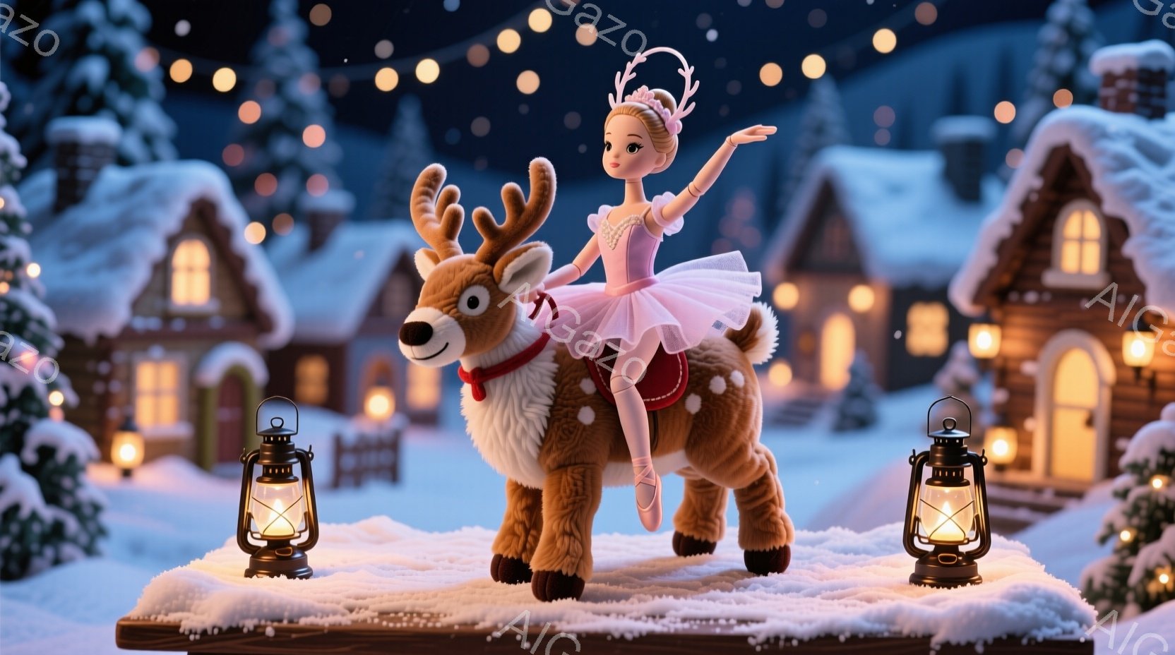 白い背景に、バレリーナの少女が愛らしいトナカイに乗って描かれています。少女はピンクのチュチュとバレエシューズを身につけ、金髪をリボンでまとめ、優雅なポーズでバランスを取っています。背景には、雪に覆われた可愛らしい家々が並び、夜空には無数の光が輝き、暖かく幻想的なクリスマスの雰囲気を醸し出しています。