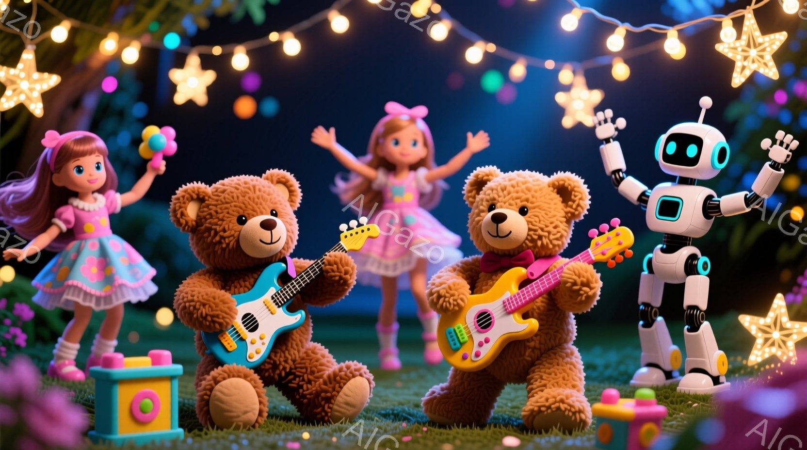 明るい夜の公園で、かわいらしいクマのぬいぐるみたちがバンドを組んで演奏しています。ピンク色のワンピースを着た女の子が踊り、ロボットも両手を上げて楽しんでいます。背景にはカラフルな電球と星型のライトが輝き、楽しげな雰囲気を演出しています。