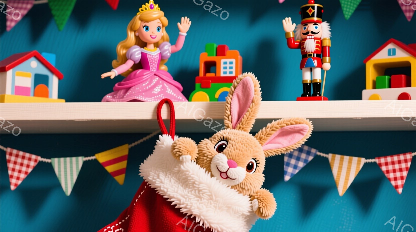 白い背景に、赤いクリスマスストッキングから顔をのぞかせているふわふわの茶色のウサギのぬいぐるみがあります。ストッキングの上には、ピンクのドレスを着て金色の髪をなびかせた人形と、軍服を着た人形が並んでいます。背景には、カラフルな三角旗が飾られ、おもちゃの家が配置されており、全体的に温かく、お祭り気分を伝える雰囲気です。