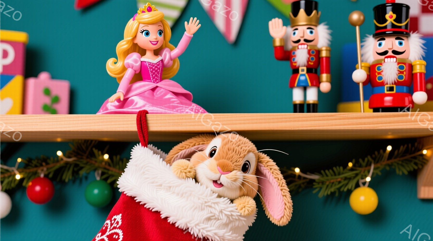 クリスマスをテーマにした装飾が施された空間に、赤いクリスマスストッキングから顔を出したふわふわの茶色のウサギのぬいぐるみがあります。背景には、ピンクのドレスを着て手を振る人形と、兵隊風の木製人形が並び、クリスマスツリーの飾りやガーランドが華やかさを添えています。全体的に暖かく、お祝いムード満載の雰囲気です。
