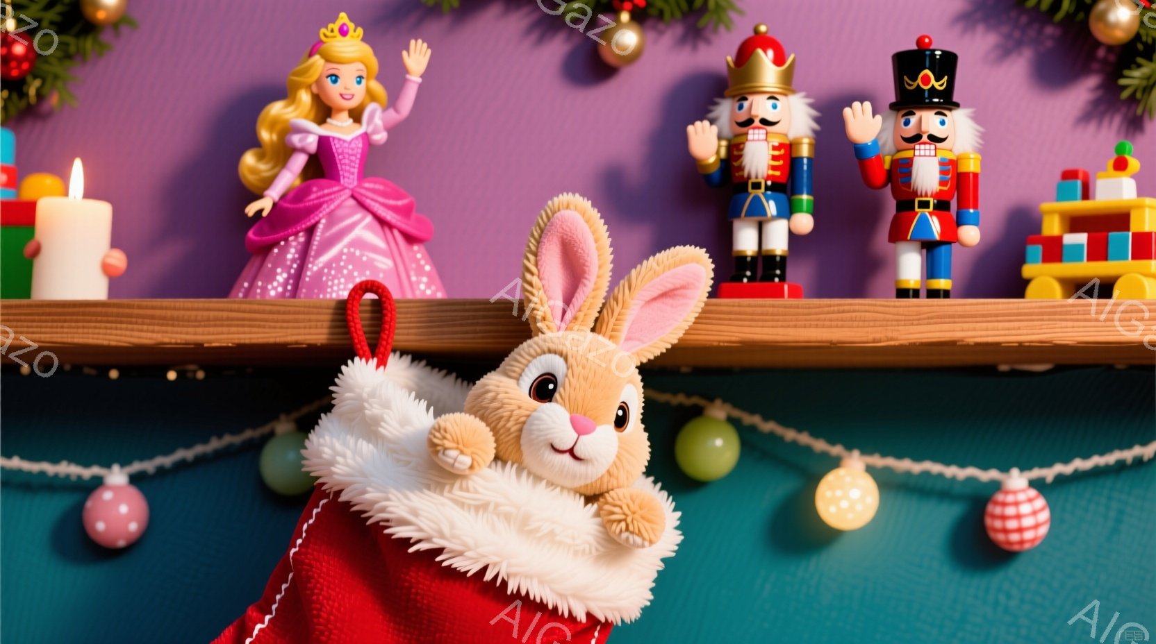 赤い靴下から顔を出すふわふわの白いウサギのぬいぐるみです。背景には、ピンクのドレスを着た人形、木製の兵隊の人形、積み木、キャンドルなどが置かれた棚があり、クリスマスのオーナメントが飾られています。全体 - AI生成フリー素材