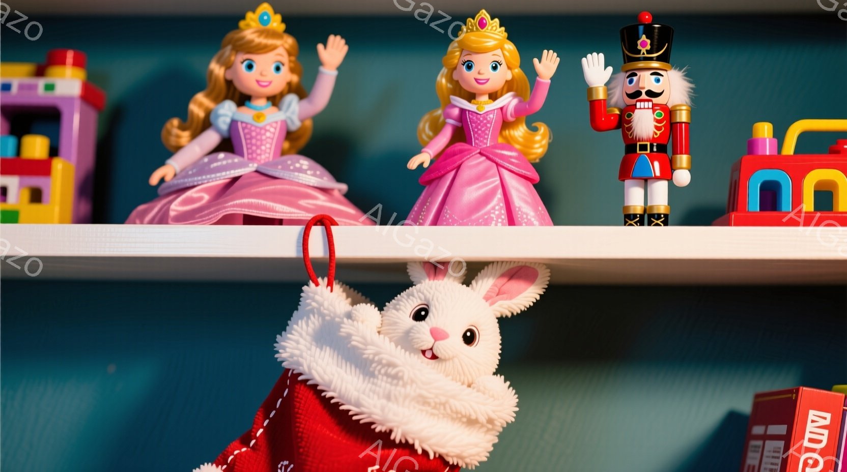 飾り棚には、ピンクのドレスを着た金髪のプリンセス人形が立っており、片手を上げて笑顔を浮かべています。赤いクリスマス柄の靴下から白いふわふわのウサギの人形が顔を覗かせ、木製の兵隊人形がプリンセス人形の隣に立っています。背景には積み木のおもちゃが見え、全体的に暖かく、お祝いの雰囲気が漂っています。