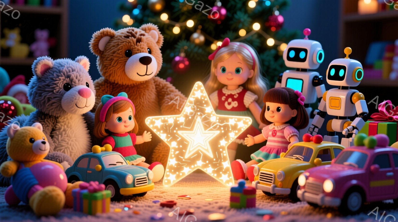 豪華なクリスマスツリーを背景に、テディベア、人形、おもちゃの車、ロボットが集まった温かい光景が描かれています。人形たちはそれぞれ異なる色のカラフルな服を着ており、笑顔で星形の光に向かって集まっています - AI生成フリー素材
