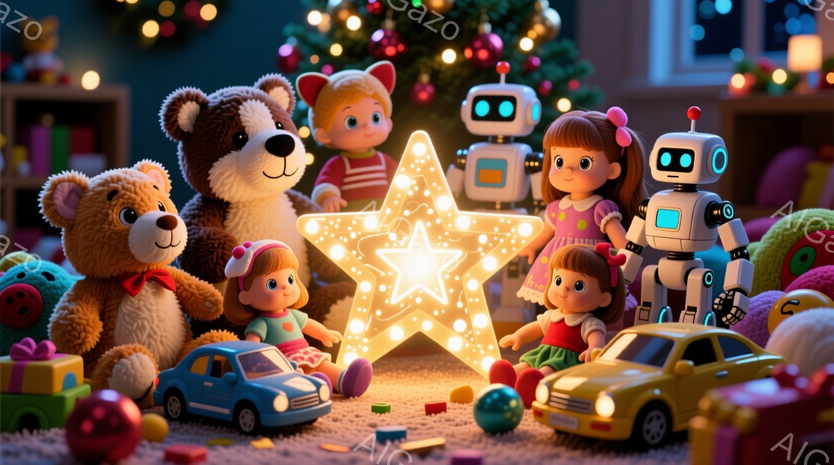 豪華な毛皮のテディベア、愛らしい人形、未来的なロボット、そしてミニチュアの車が、光り輝く星型のライトに囲まれて集まっています。人形たちはそれぞれ可愛らしいドレスを着ており、明るい笑顔を見せています。背景にはクリスマスツリーがぼやけて見え、おもちゃとライトが暖かく、お祝いの雰囲気を醸し出しています。