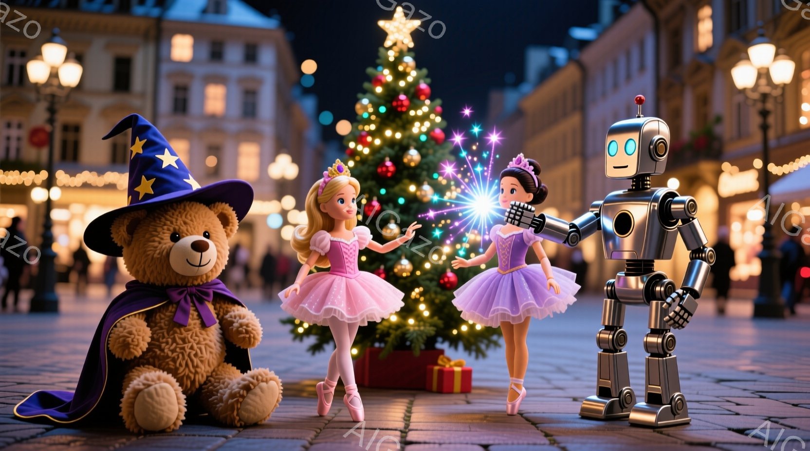 広場には、大きなクリスマスツリーが輝き、プレゼントの箱が置かれています。左には魔法使いの帽子をかぶったテディベア、中央にはピンクのバレリーナ衣装を着た人形、右には銀色のロボットが立っており、バレリーナは魔法のような光のパーティクルを手にしています。背景には美しい建物が並び、夜空が広がいており、暖かく幻想的な雰囲気が漂っています。