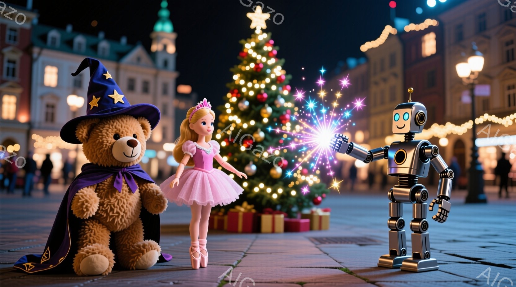 広場の中央には、クリスマスツリーが輝いており、その前でテディベアとバレリーナの人形が並んでいます。テディベアは魔法使い風の帽子とマントを身につけ、バレリーナはピンクのチュールスカートとバレエシューズを - AI生成フリー素材