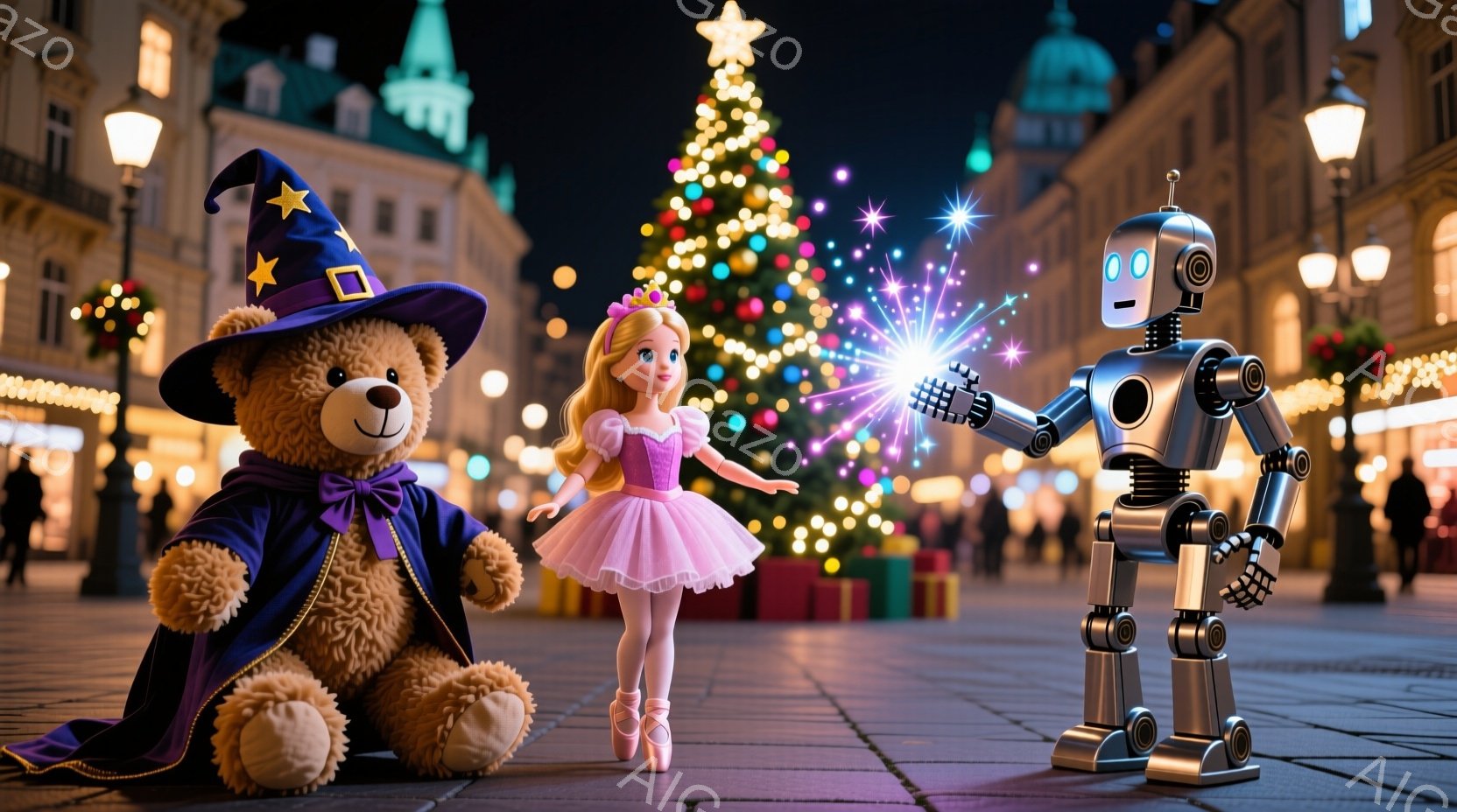 街の中心にある広場には、クリスマスツリーが輝いています。左には魔法使いの帽子をかぶったテディベア、中央にはピンクのバレリーナドレスを着た人形、そして右にはロボットが立っており、ロボットの腕からは花火の - AI生成フリー素材