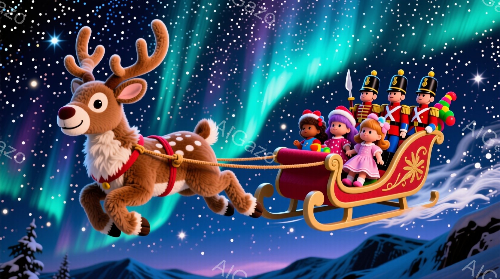 鮮やかな背景を背景に、トナカイがそりを引っ張って空を飛んでいます。そりには、それぞれ異なるカラフルな衣装を着た人形たちが乗っており、笑顔で楽しんでいます。背景には雪をかぶった山々と、オーロラのような光 - AI生成フリー素材