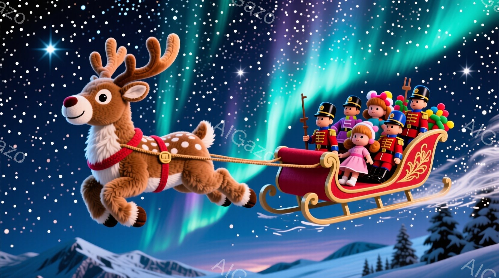 ふわふわの茶色のトナカイが、赤いそりを引いて空を飛んでいます。そりの中には、赤い制服を着た兵隊のような人形たちがおり、ピンクの髪をした女の子もいます。背景には雪山とオーロラが広がり、きらめく星空が冬の - AI生成フリー素材