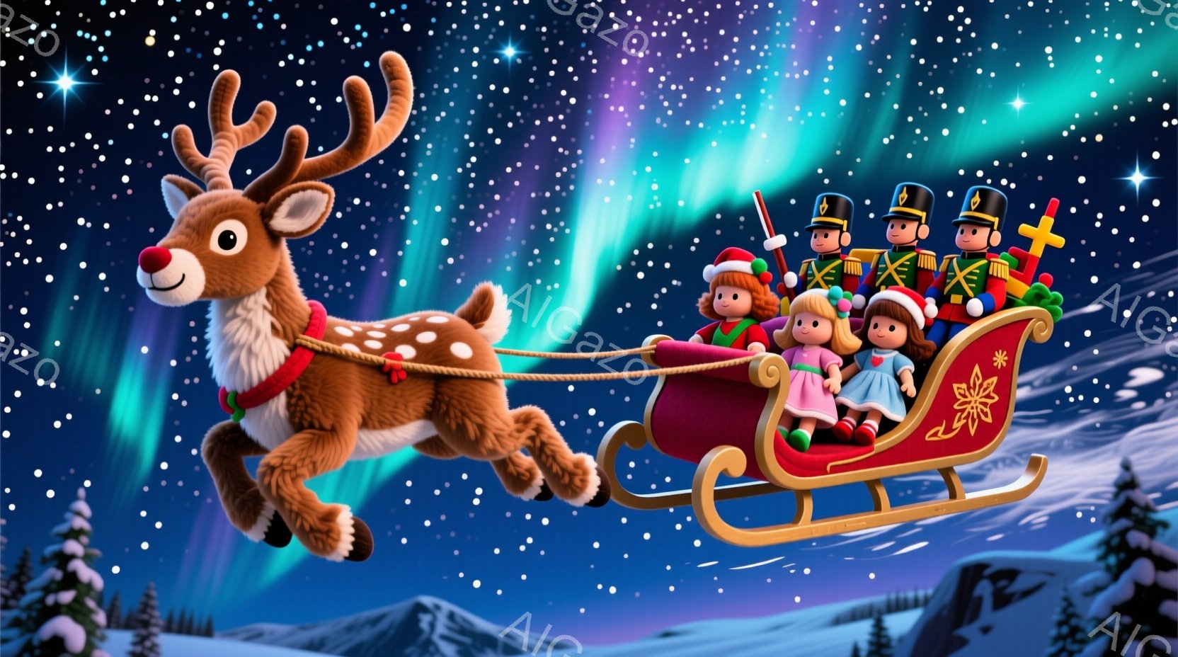 トナカイがソリを引いて夜空を飛んでいる様子が描かれています。ソリには、赤い軍服を着た人形たちと、ピンクや緑のドレスを着た可愛らしい女の子たちが乗っており、楽しそうな表情をしています。背景には雪に覆われ - AI生成フリー素材