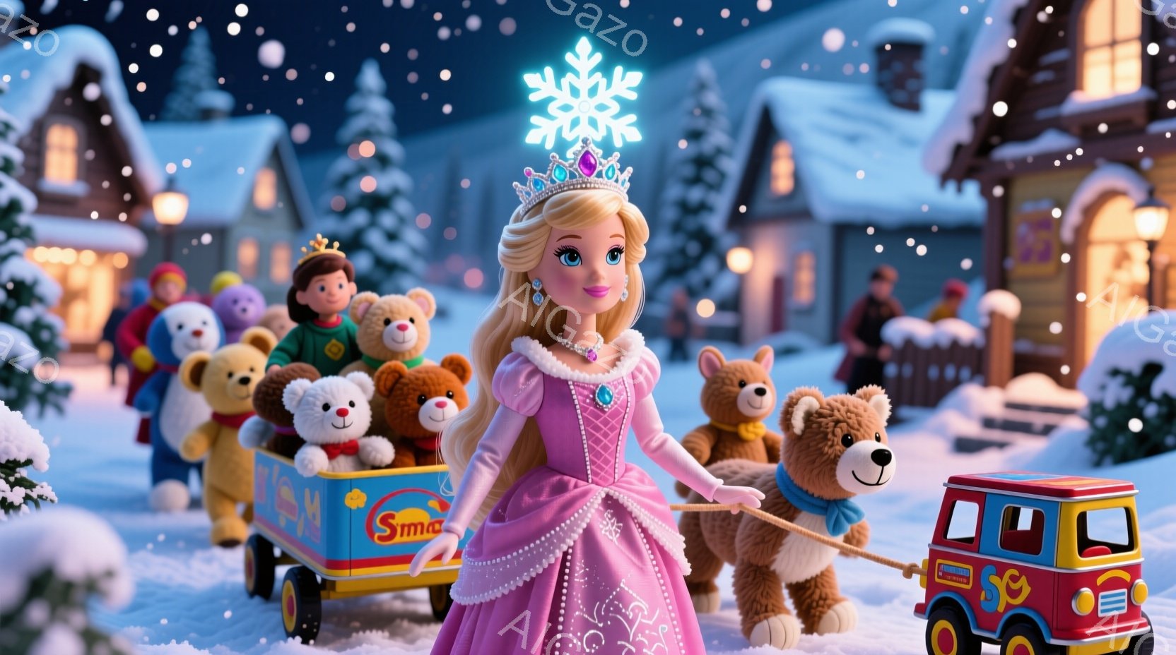 明るいピンクのドレスとティアラを身に着けた少女が、たくさんのテディベアとミニチュアの車両を先導して雪の中を歩いている。少女は微笑んでおり、髪は金髪でカールがかかっている。背景には、雪に覆われた可愛らし - AI生成フリー素材