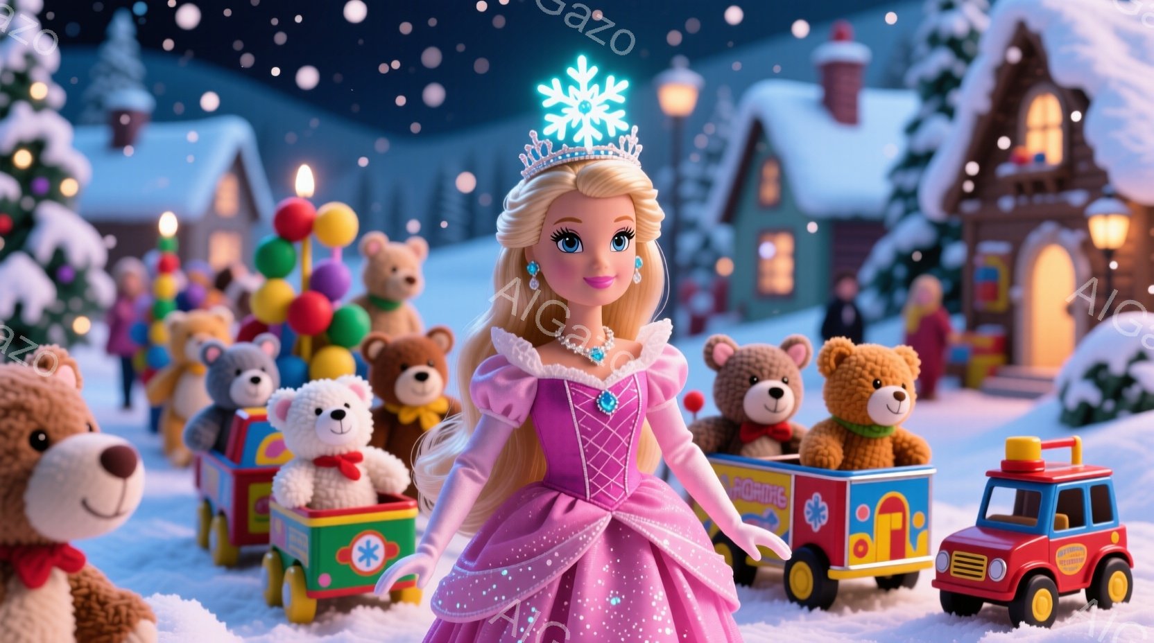 金髪の女性は、ピンクと紫のきらめくドレスとティアラを身につけており、幸福な表情を浮かべています。彼女は、多くのテディベアと、おもちゃの消防車や乗り物でいっぱいの雪景色の中に立っています。背景には、雪で覆われた屋根と、キラキラと輝く装飾が施された木々があり、祝祭で暖かく魔法のような雰囲気が漂っています。