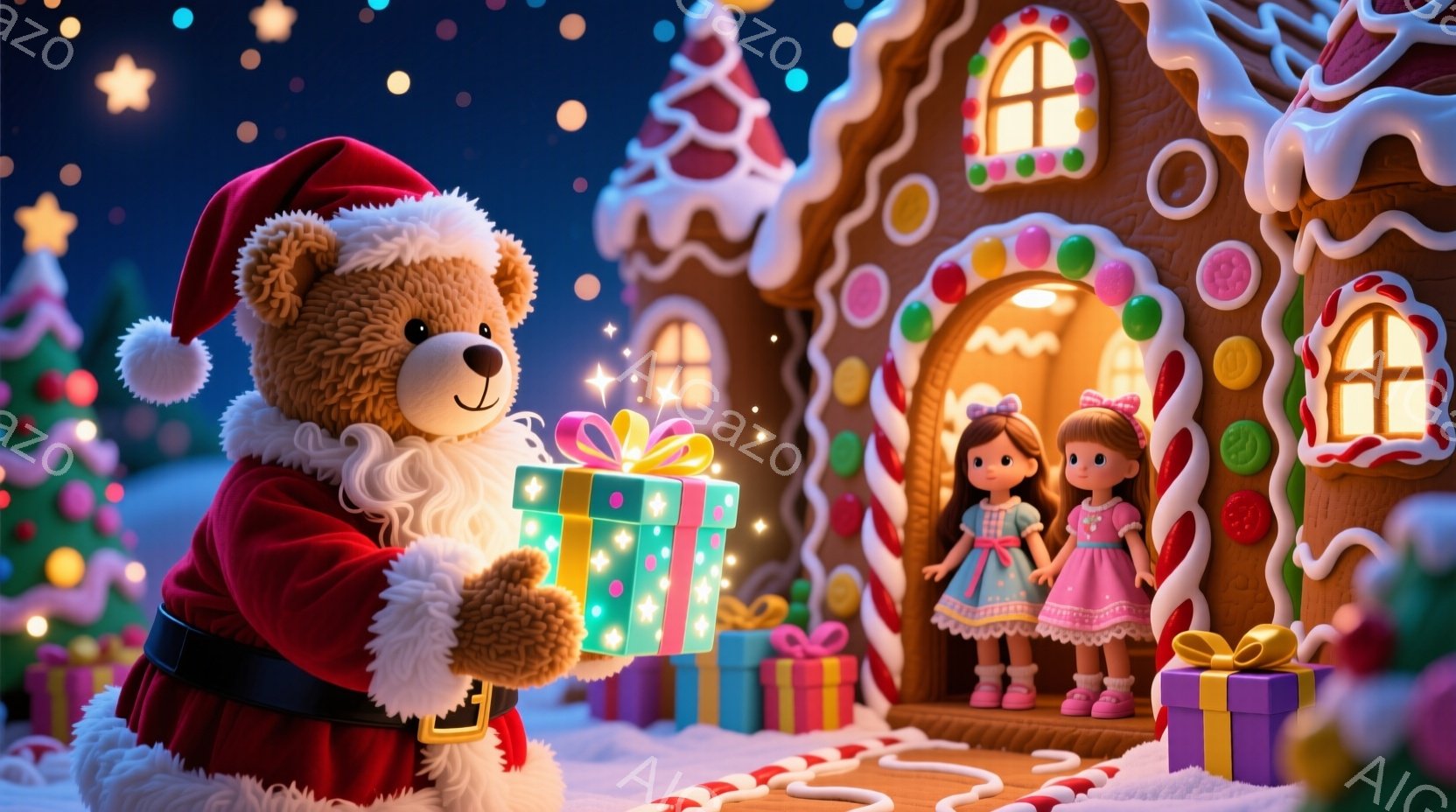 大きなテディベアがサンタクロースの衣装を着て、緑色のリボンのかかったプレゼントを前に差し出しています。背景には、お菓子で飾られた可愛らしいジンジャーブレッドハウスと、ピンクと白のドレスを着た二人の人形が立っています。雪が降る夜空の下、暖かく甘いクリスマスの雰囲気が漂っています。