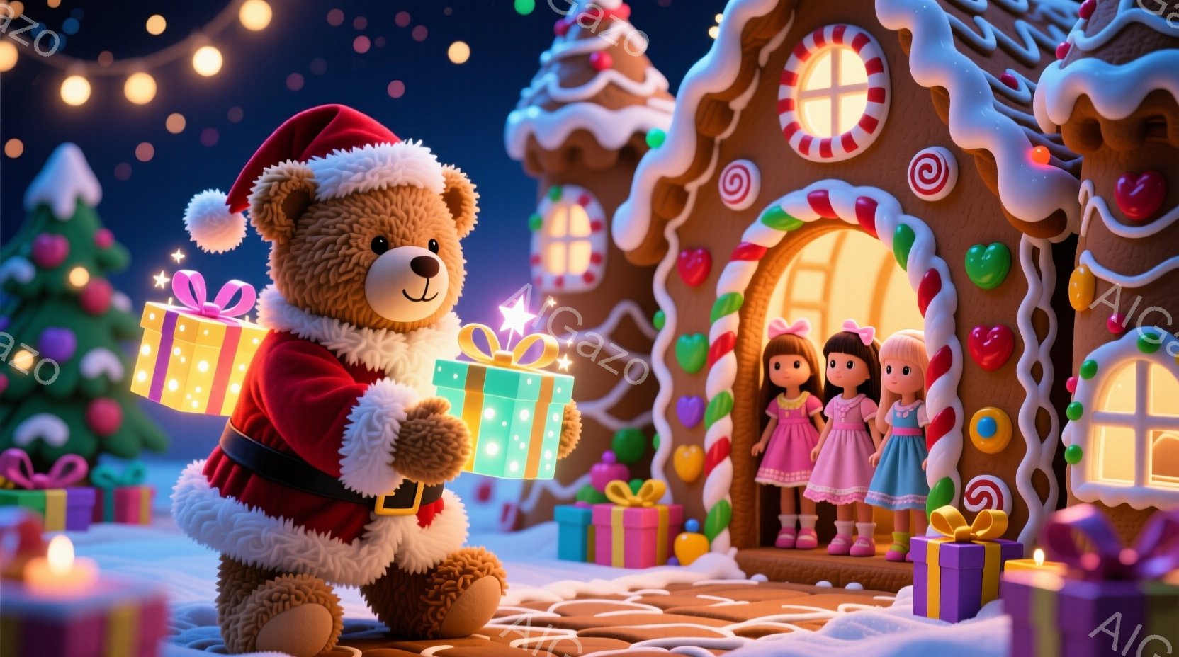 明るい金髪を巻き付け、ピンク色の縁取りが施された豪華なドレスを着た少女が、大きな白いホッキョクグマに乗っています。少女は微笑み、ホッキョクグマは穏やかに雪原を歩いています。背景には、きらめく星と、遠く - AI生成フリー素材