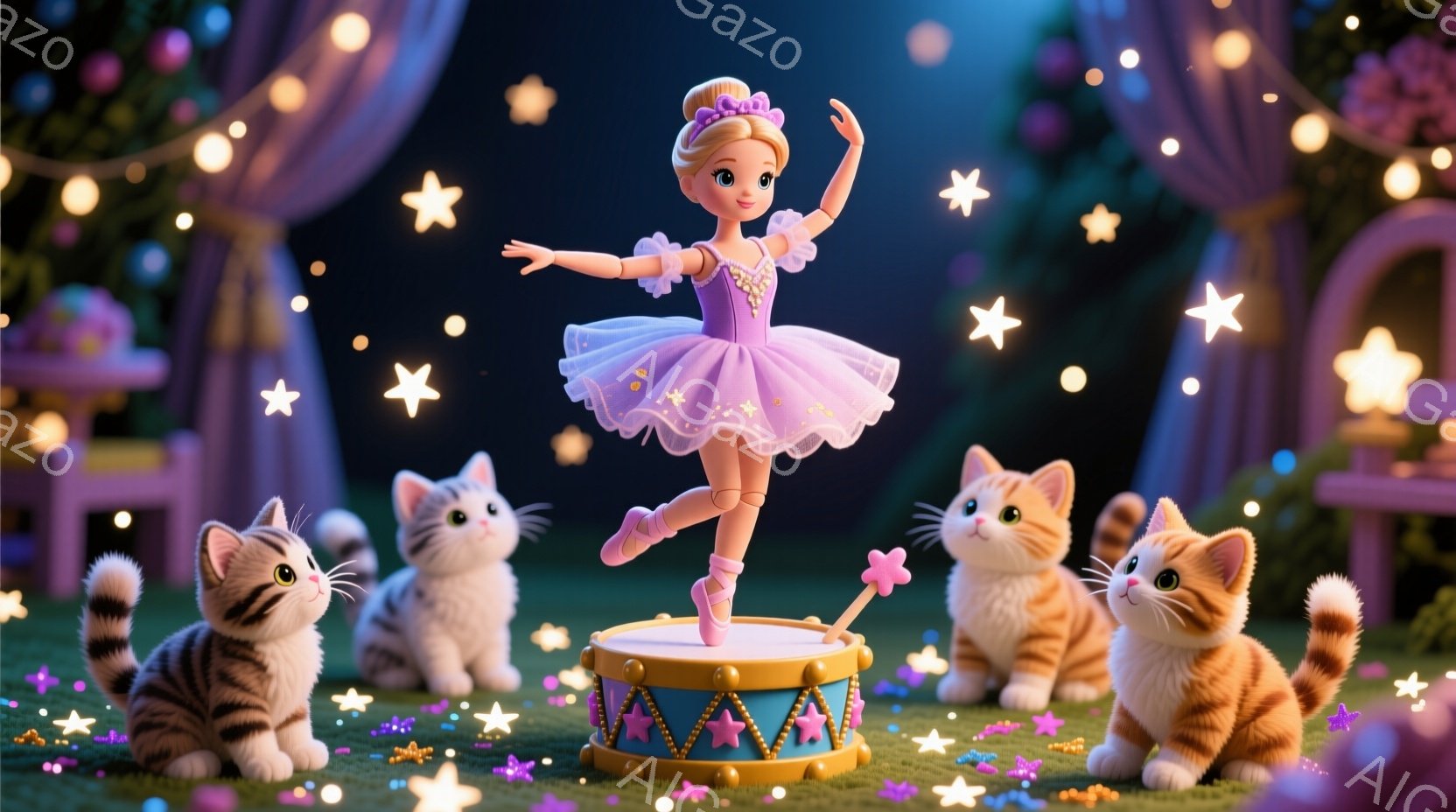 ピンク色のチュチュを着たバレリーナの人形が、ストライプ模様のドラムの上で片足立ちでポーズをとっています。周りには、縞模様とオレンジ色の子猫たちが座り、人形を見上げています。背景は暗く、星や紫色の花が散りばめられており、夢のような幻想的な雰囲気です。