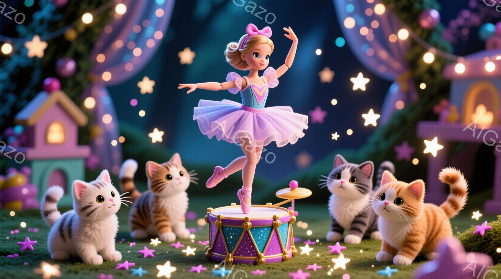 薄紫色のチュチュドレスを着た少女が、虹色に光るドラムの上でバレエのポーズを取っています。彼女は明るい茶色の髪を高く結い、笑顔で優雅に踊っています。背景には可愛らしい建物が立ち並び、星と光の装飾が散りばめられ、ファンタジックで夢のような雰囲気を醸し出しています。