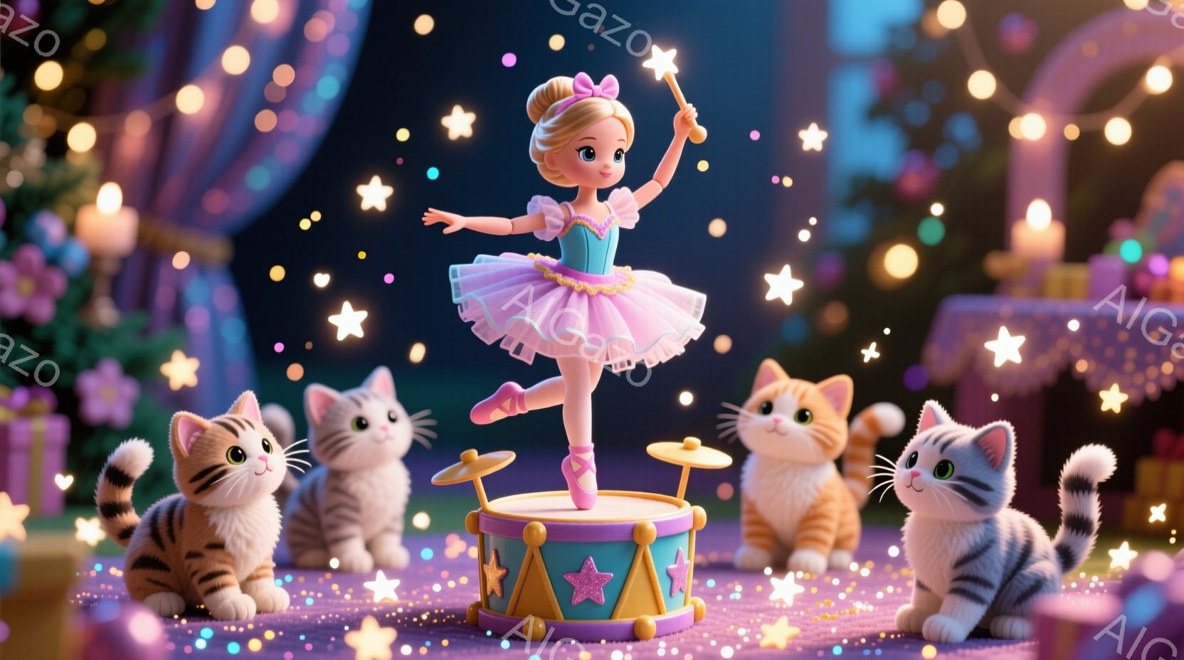 ピンク色のチュチュスカートを着た少女が、つま先立ちでスポットライトを浴びています。金髪をきっちりとまとめ、片手にステッキを持ち、笑顔を浮かべています。背景には、ドラムを囲むように座った猫たちがおり、キラキラと輝く星と装飾が幻想的な雰囲気を作り出しています。