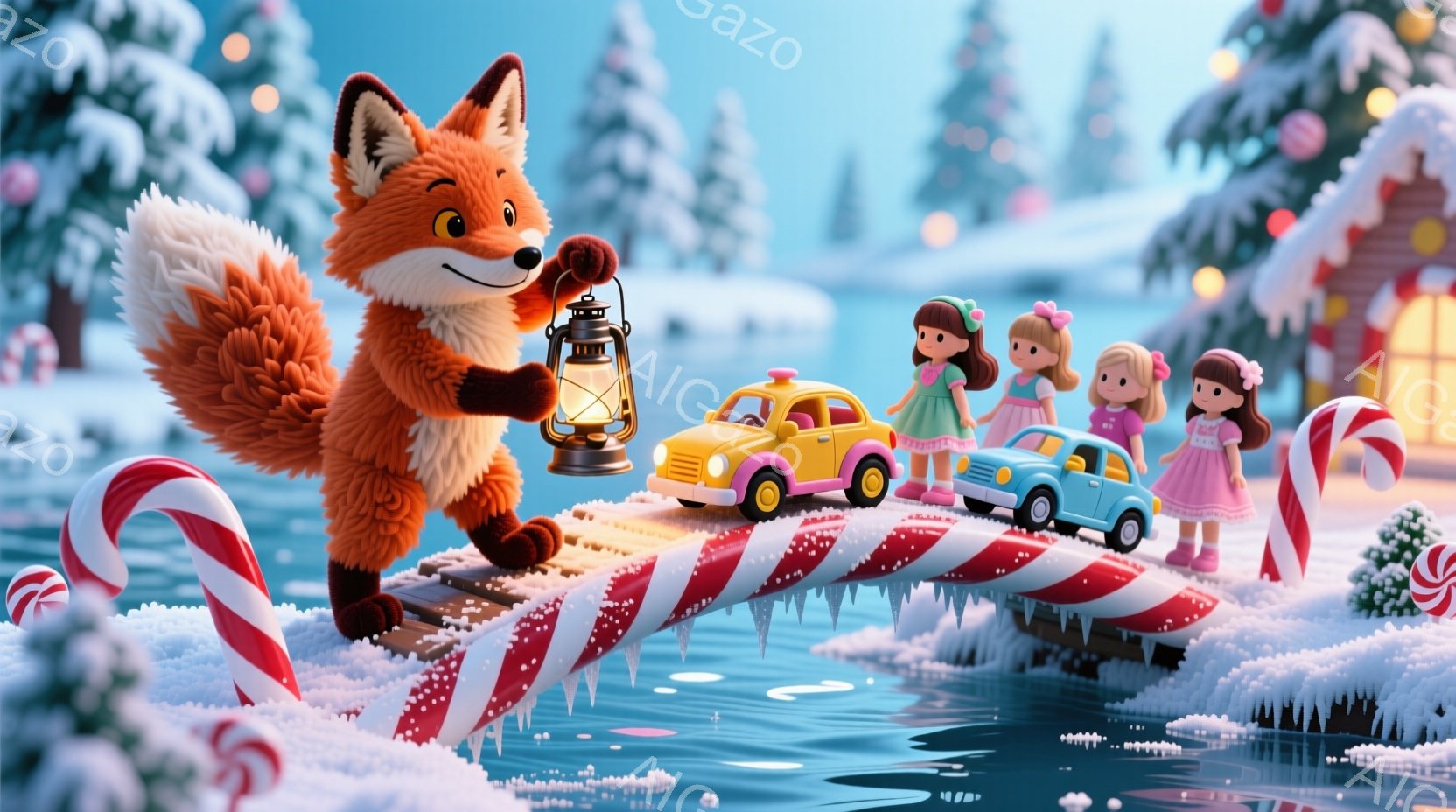 鮮やかなオレンジ色のキツネが、キャンディケーンのような縞模様の橋の上を歩いている。キツネは片手にランタンを持ち、楽しそうな表情をしている。背景には雪に覆われた木々、可愛らしい家々、そして凍った水面が広 - AI生成フリー素材