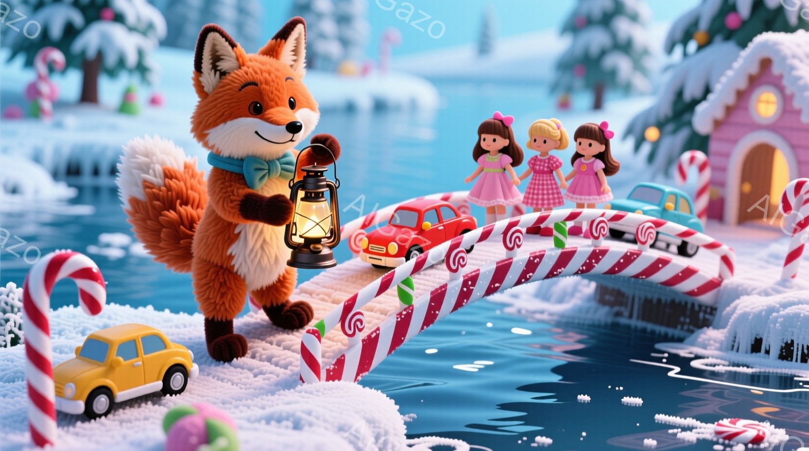 キツネがキャンディケーンで作られた橋の上を提灯を持って歩いている、可愛らしい光景です。背景には雪景色が広がり、小さな家々が点在し、クリスマスの雰囲気を醸し出しています。橋の上にはミニカーが並び、女性の人形たちは橋の先で微笑んでいます。