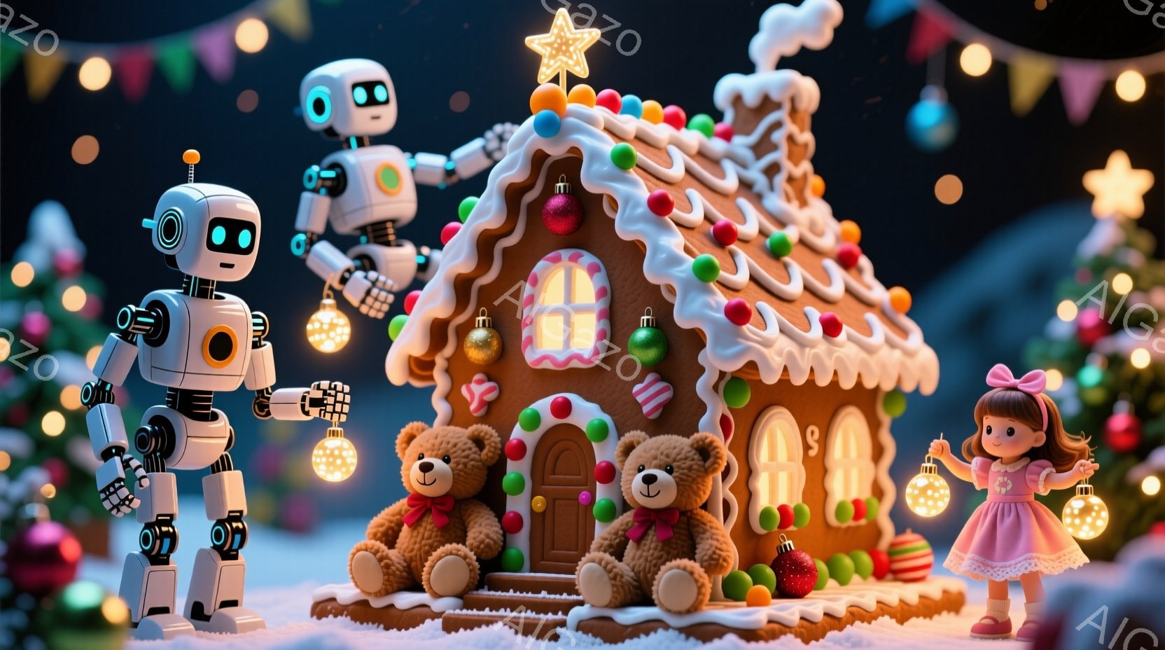 暖炉のようなジンジャーブレッドハウスの前には、クマのぬいぐるみが置かれ、ピンクのドレスを着た少女が小さな光るボールを持っています。空にはロボットが浮かび、どちらも楽しそうに微笑んでいます。背景は雪景色で、クリスマスの電飾が輝き、暖かく幻想的な雰囲気を醸し出しています。