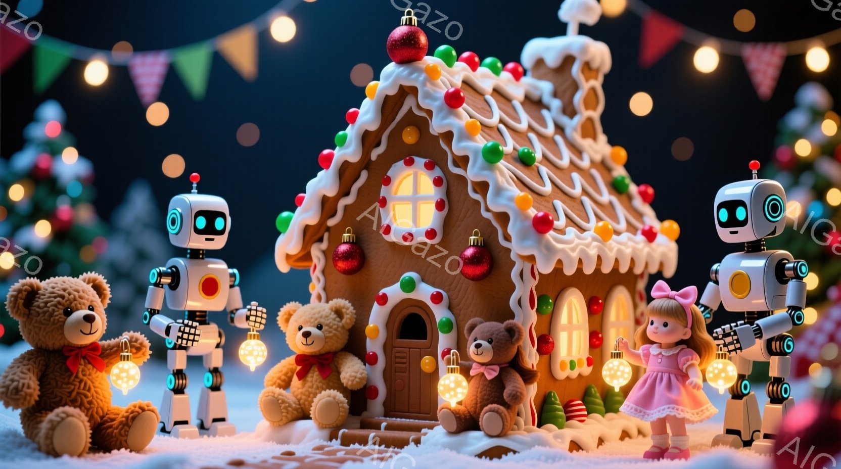 雪景色の中に、ジンジャーブレッドハウスとロボットとテディベアが並んでいます。ロボットは光るアンテナと丸い目を持つ、未来的なデザインで、テディベアは可愛らしい表情をしています。背景には、明るい光が点在し - AI生成フリー素材