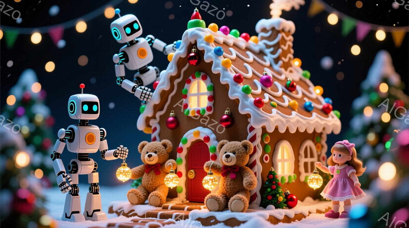 白い雪景色の中に、ジンジャーブレッドハウスが建っています。ロボットと少女がその家の周りにいて、ロボットは片手を上げて何かを指し示し、少女は赤いワンピースを着て微笑んでいます。背景にはクリスマスツリーが - AI生成フリー素材