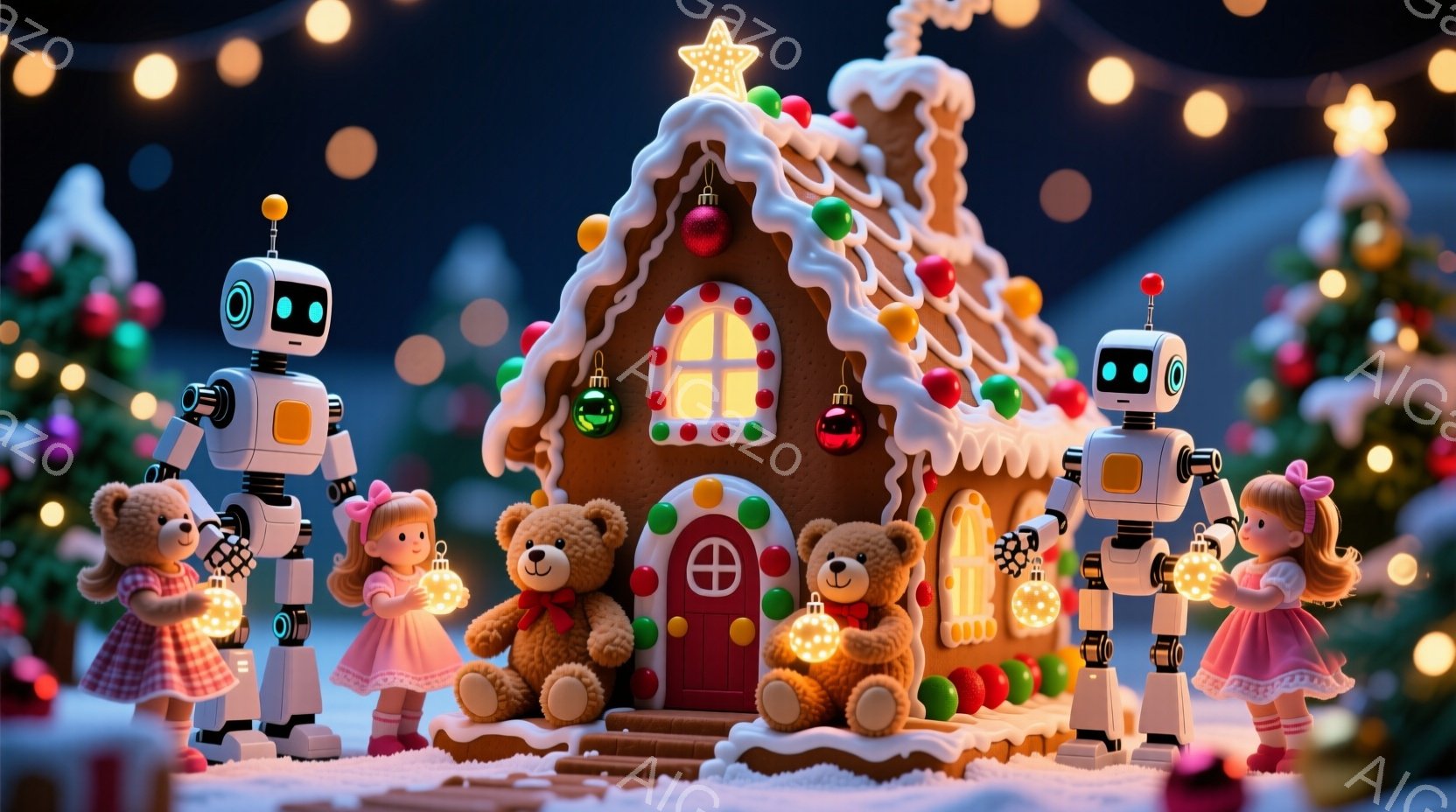 雪景色の中に、お菓子の家が建っており、その周りをロボットと女の子のぬいぐるみが囲んでいます。女の子たちはピンク色のドレスを着て、髪は三つ編みで、楽しそうな表情をしています。背景には暗い空と輝く光が点在し、全体的に暖かく、お祝いの雰囲気が漂っています。