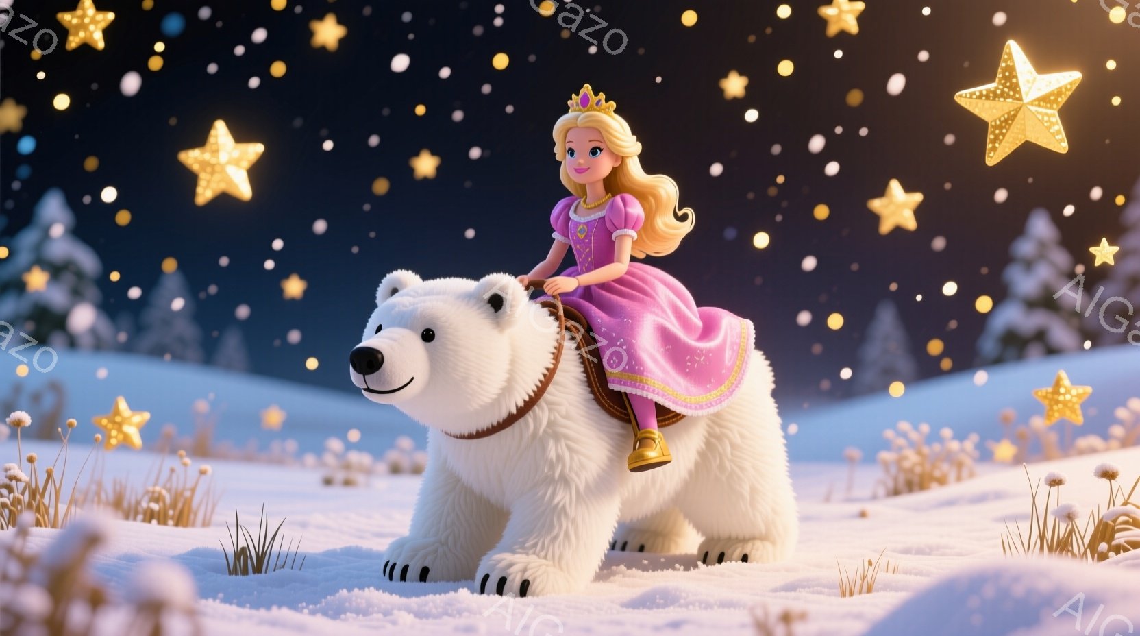 白い熊の背中に、ピンク色のドレスを着た金髪の少女が乗っています。少女は金色の髪を長く伸ばし、頭にはティアラをつけています。背景は雪景色で、夜空には星と金色の星が散りばめられており、ファンタジーで温かい雰囲気が漂っています。