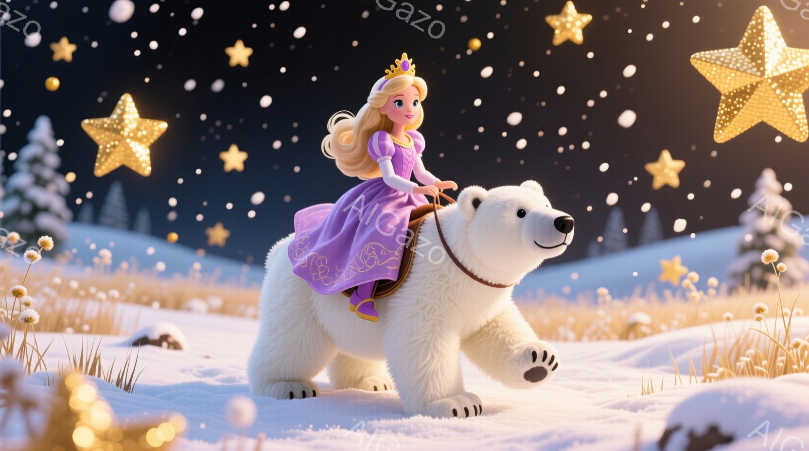 明るい金髪を巻き髪にした少女が、白いクマの背中に乗っています。彼女は紫色のドレスに身を包み、頭には小さな金の王冠を載せており、クマを見つめながら穏やかな笑顔を浮かべています。背景には雪景色が広がり、多 - AI生成フリー素材