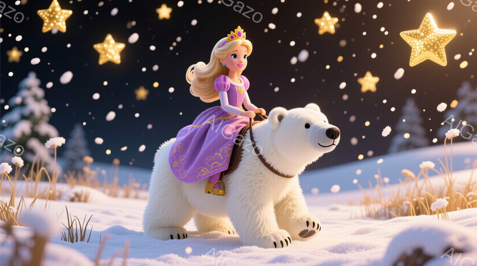 明るい金髪をウェーブさせた少女が、白い熊に乗って雪の中を歩いている。彼女は紫色のドレスと金のティアラを身につけ、嬉しそうな表情で前を見ている。背景は雪景色で、遠くには針葉樹林が見え、夜空には星が輝いている。
