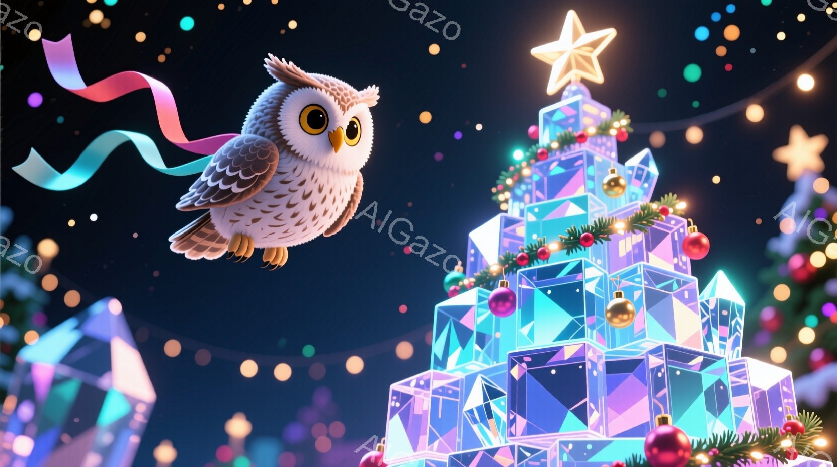きらめくクリスタルの積み重ねで作られたクリスマスツリーが描かれています。ツリーは赤いオーナメントや緑の葉で飾られ、頂上には星が輝いています。画面の左側には、リボンをつけた可愛らしいフクロウが空を飛んで - AI生成フリー素材