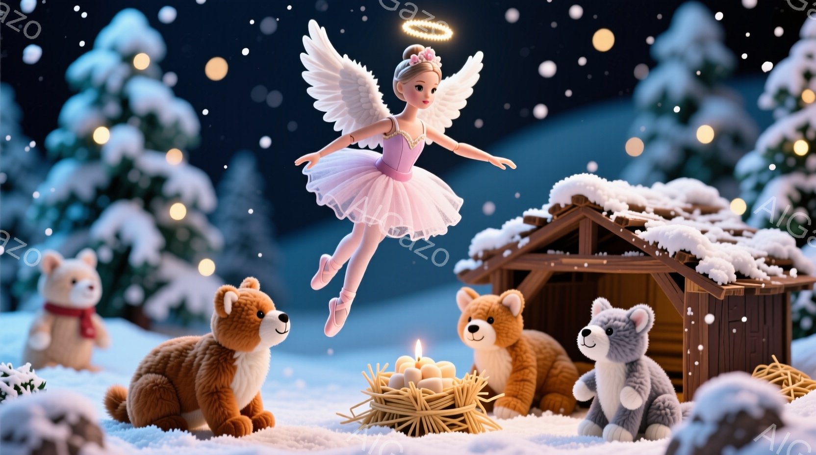 雪景色の中に、白いドレスと羽根の妖精が舞い降りている様子が描かれています。妖精はバレリーナのような姿で、ピンク色のリボンが巻かれた金髪を持ち、微笑んでいます。背景には、藁とキャンドルが置かれた小さな木 - AI生成フリー素材