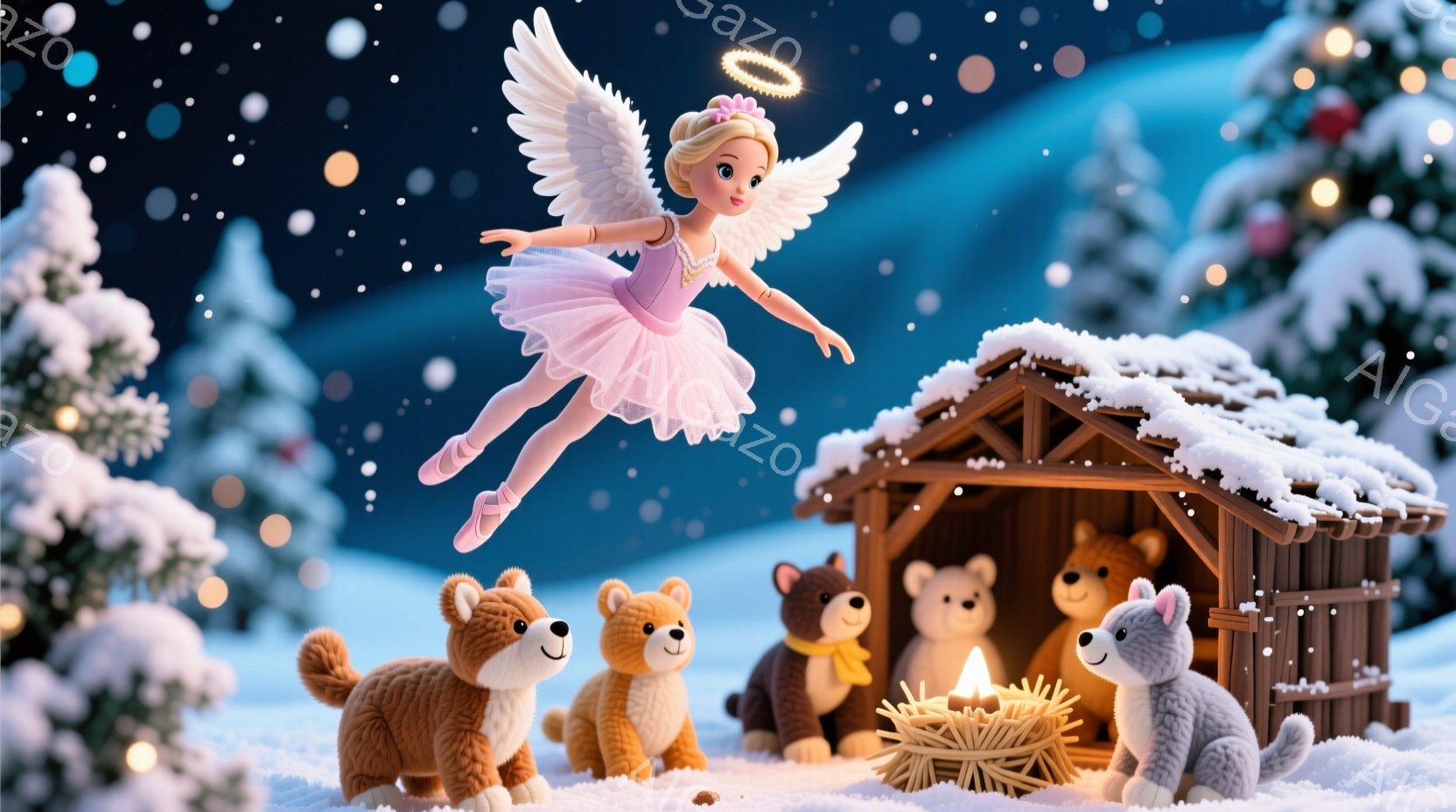 金髪でブロンドの少女が、白い羽と光輪をつけて空中でバレエのポーズをとっています。彼女はピンクのチュチュドレスとバレエシューズを身に着けており、嬉しそうな表情をしています。背景には雪に覆われた自然、かわいらしい小屋、そして暖かく光る藁でできたベッドがあり、周囲には様々な動物たちが集まっています。